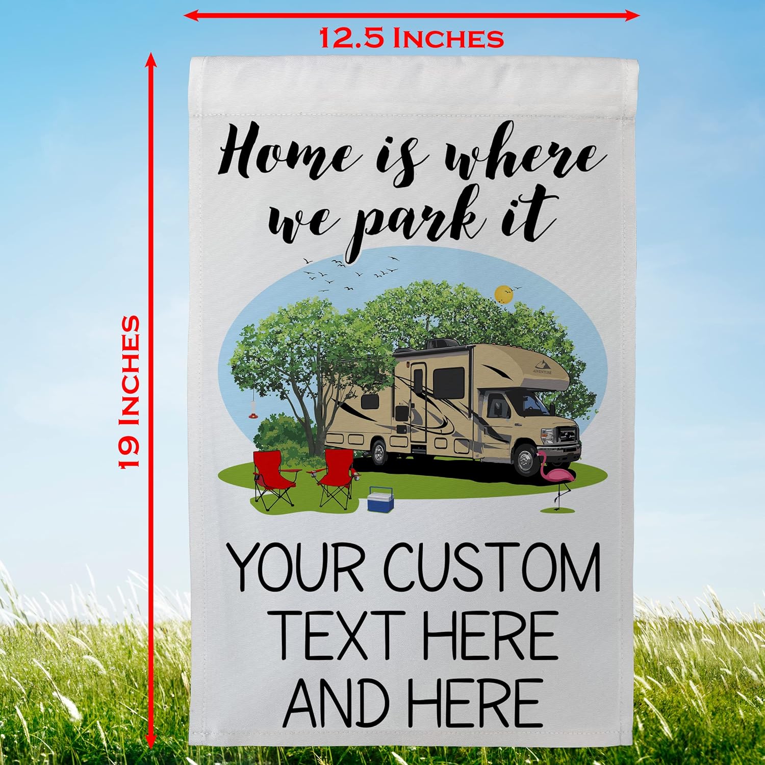 Home Is Where We Park It Personalized Camping Flag Featuring a Tan Class C Motorhome and 3 Additional Lines of Your Custom Text, Printed on White Fabric