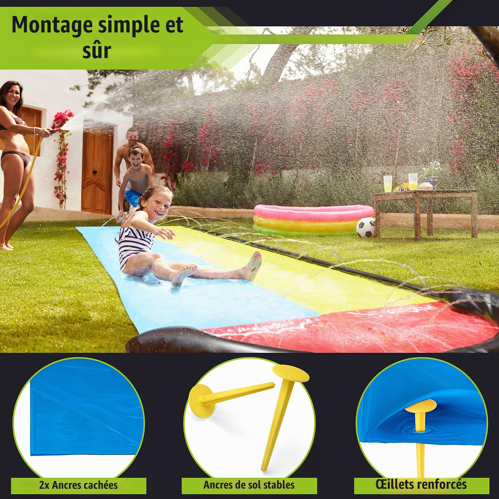 Balinco Toboggan à Eau I Double Toboggan à Eau I Waterslide I Water Slide I Longueur 4.80 m x Largeur 1.40 m I 2X Planche de Surf Incluse I Été I Extérieur I Amusement I Jouets pour Adultes & Enfants