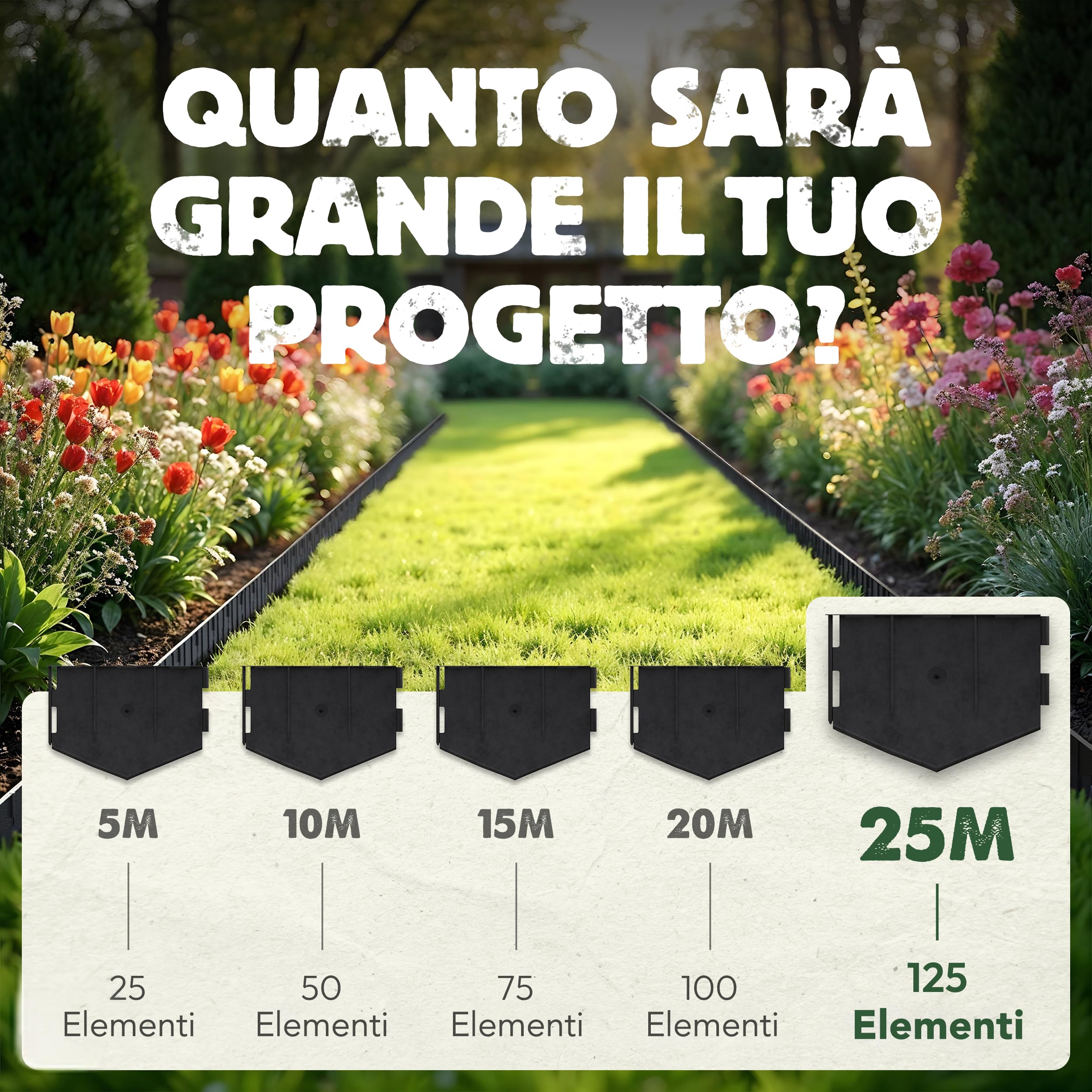 LAINFELD Bordo Flessibile In Plastica Per Prati E Aiuole, Colore Antracite, 25 Metri Di Delimitazione (125 Elementi Da 20 Cm), Sistema A Incastro, Resistente Ai Raggi UV