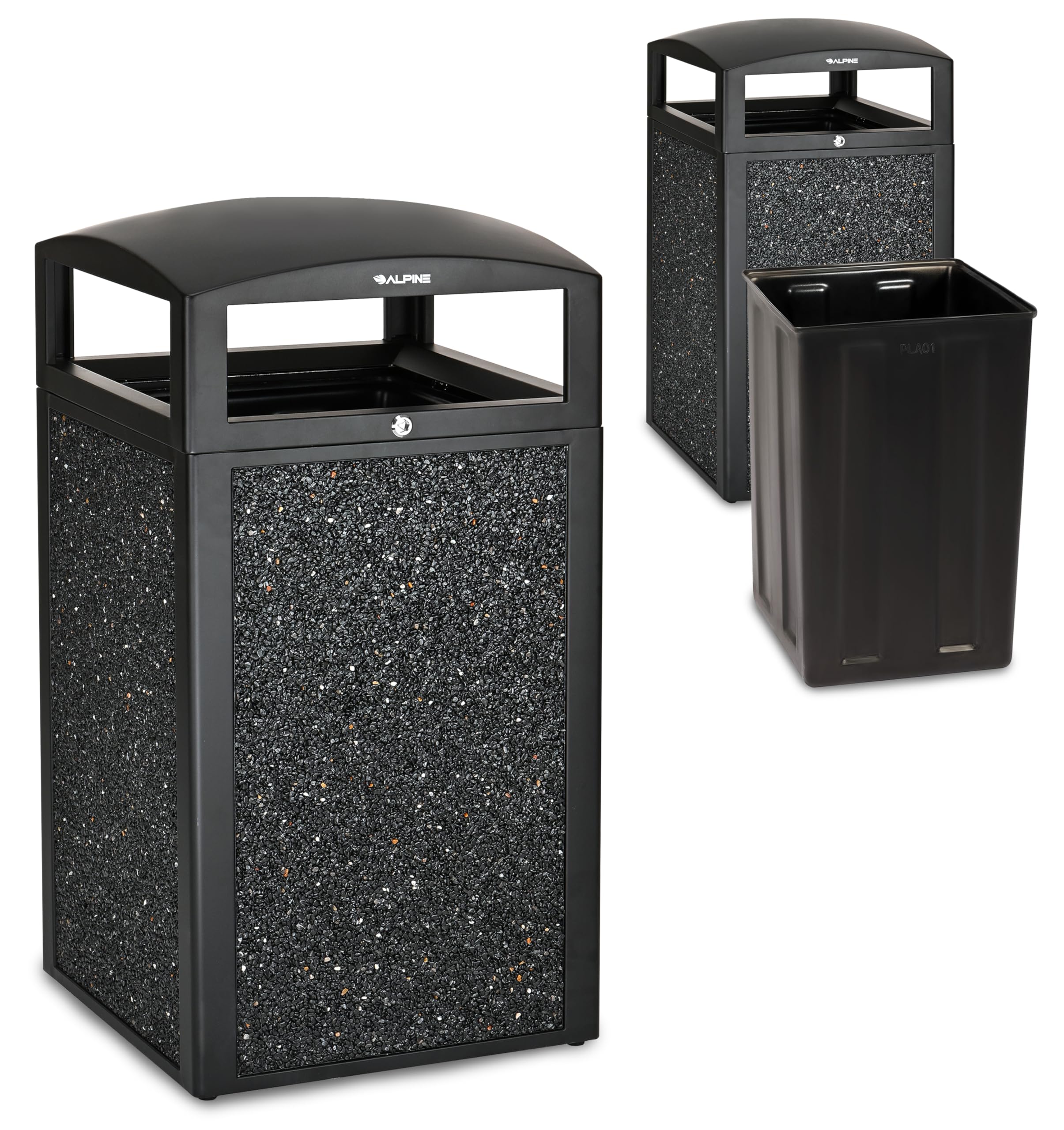 Alpine Industries 40 Gallon Commercial Outdoor Trash Can, Metal with Removable Bin & Locking Lid (Black, Grey Stone)