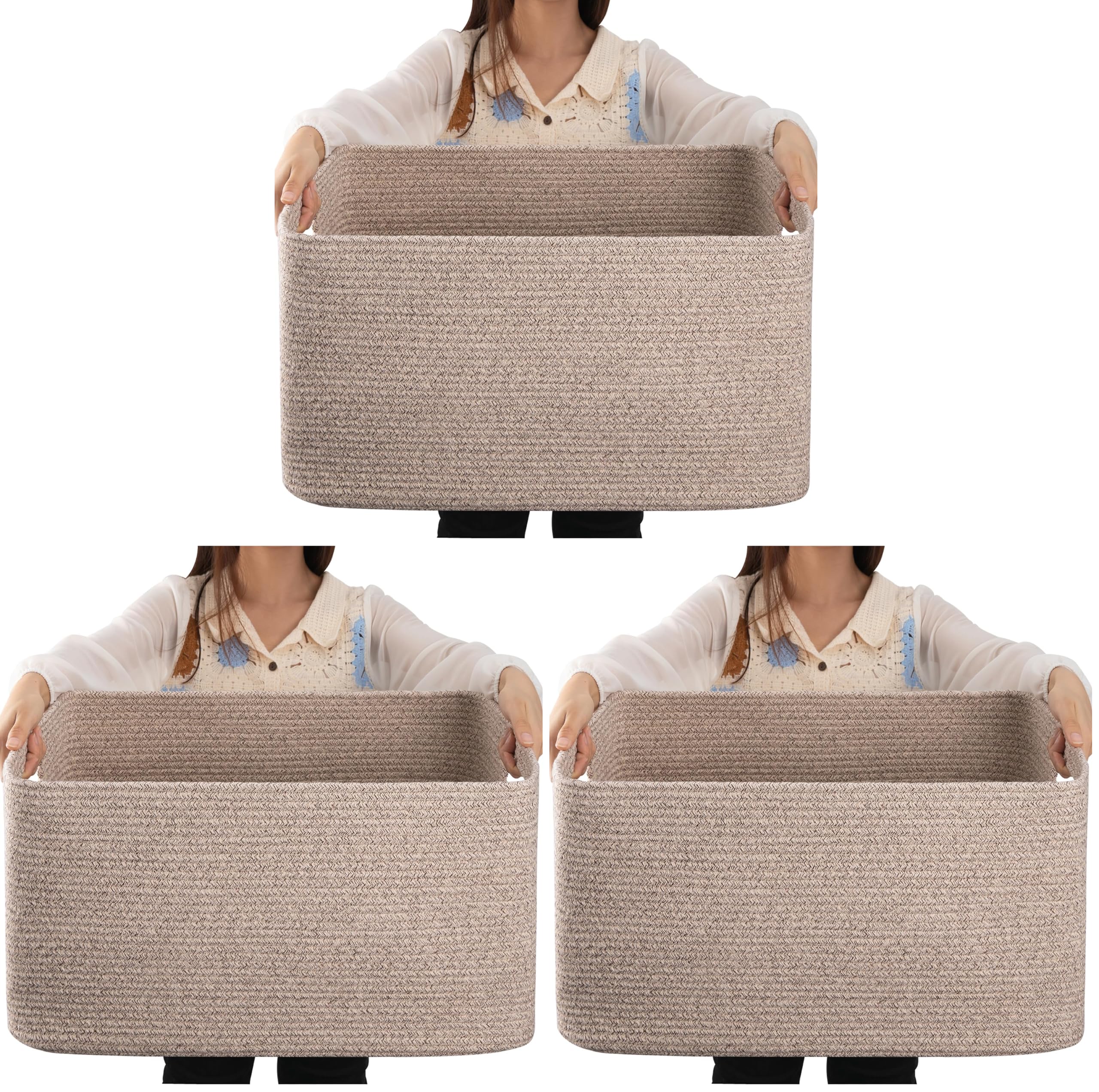 OIAHOMY 75L Large Blanket Basket, 22”x17”x12” Woven Cotton Rope Storage Basket with Handle for Organizing Blanket and Toys for Living Room, Nursery, Brown Variegated (Pack of 3)