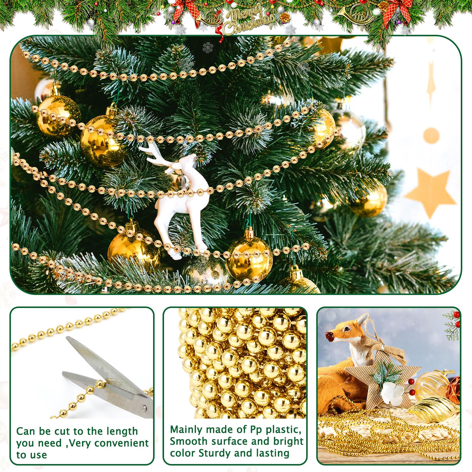 Chuangdi 1 Roll/ 15m Christmas Bead Chain 6mm Gold Christmas Hanging Decoration Christmas Tree Ornaments Plastic String Garlands for Craft Xmas Tree Stairs - Image 3