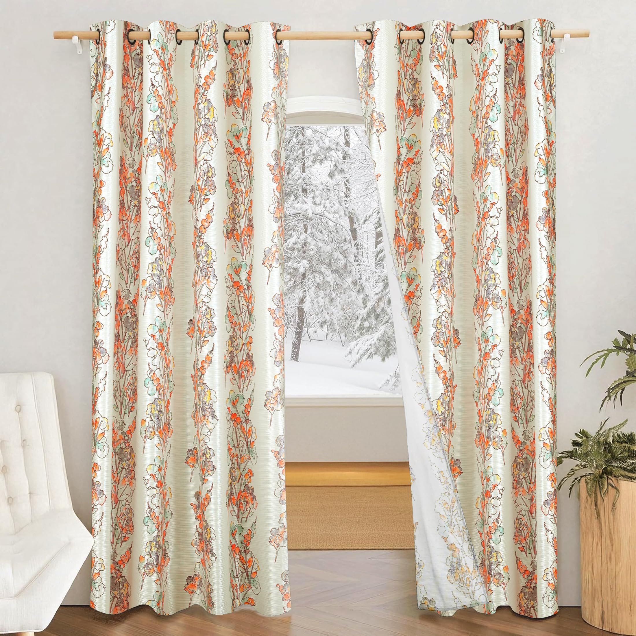 Amazon Brand - Solimo Polyester 75% Blackout Floral Leaf Print Door Curtains|7 Feet|Set of 2|Floral Leaf Print Design |for Living Room Kids Room and Bedroom |White & Orange|Light-Filtering