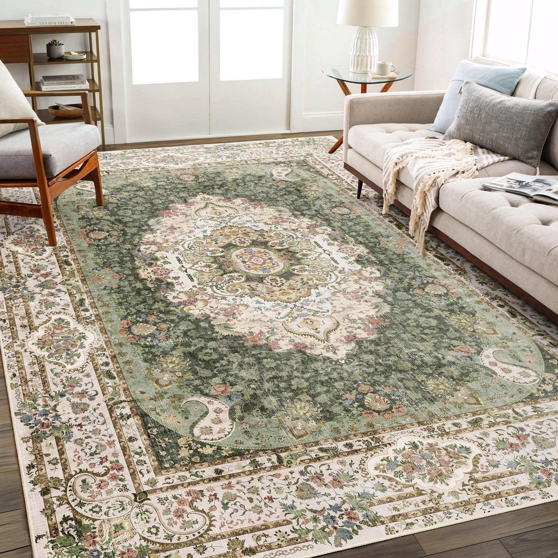 Castage 8x10 Area Rugs Washable,Green Rug for Living Room Bedroom Dining Room,Large Boho Vintage Bohemian Distressed Carpet Non Slip,Floral