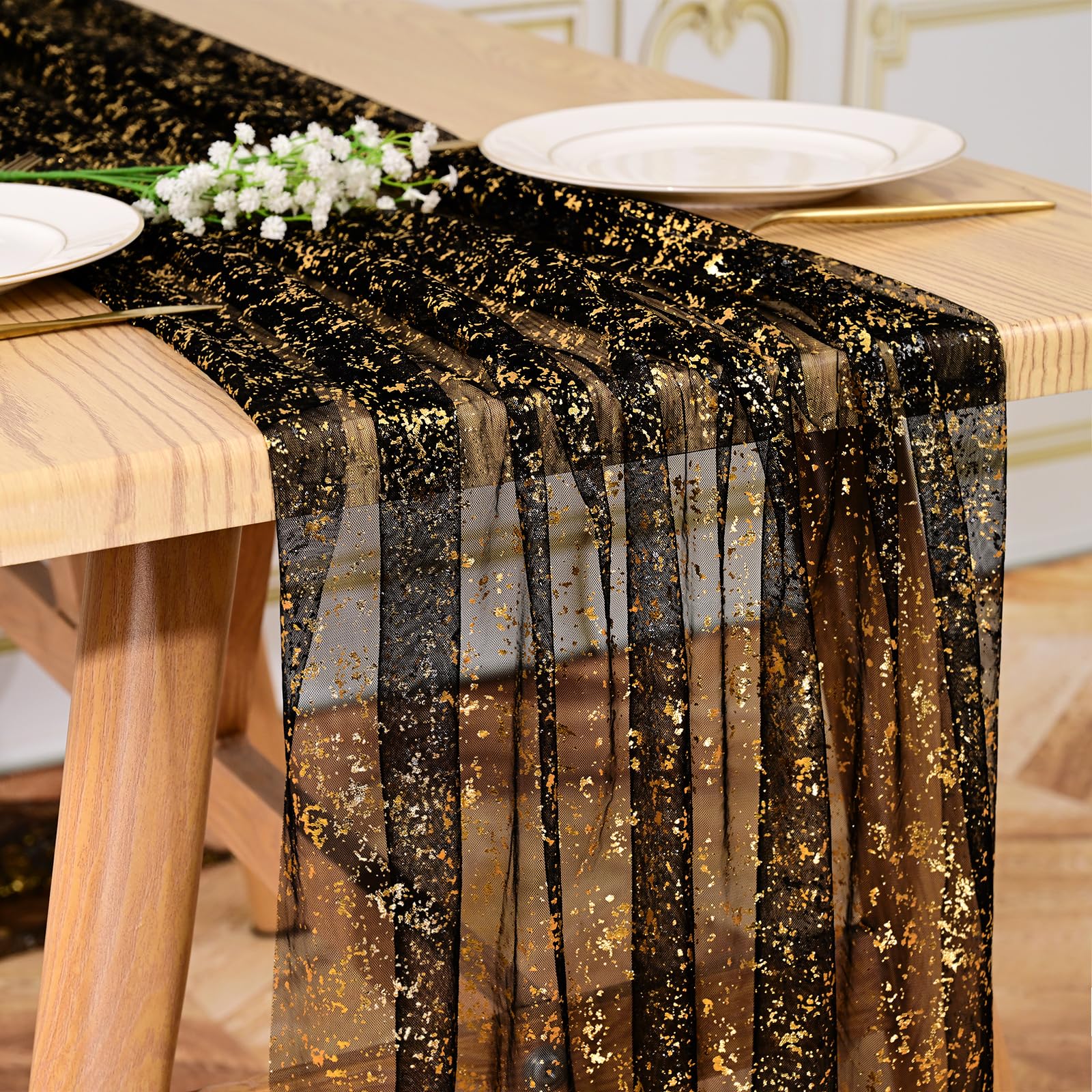 Chemin de table à paillettes noires et dorées en gaze transparente pour décoration de mariage