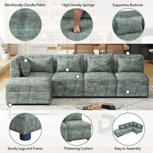 Miniatura 4 de XD Designs Sofá modular moderno en forma de L, sofá esquinero tapizado de felpilla de 5 plazas con otomana de almacenamiento y 5 almohadas para sala