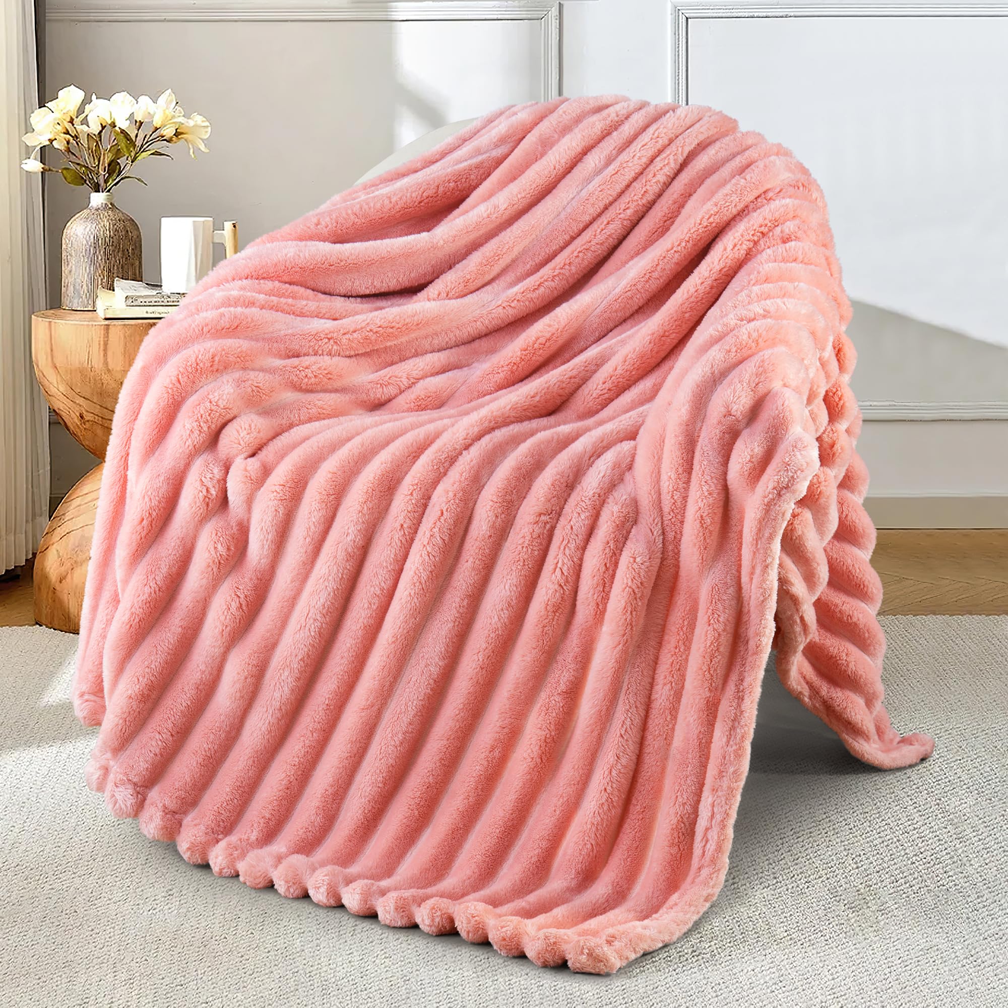 Exclusivo Mezcla Manta Sofá de Franela, Ligera y Suave Manta para Cama con Jacquard de Rayas, Adecuado para Cualquier Temporada, 130x150 cm, Rosa