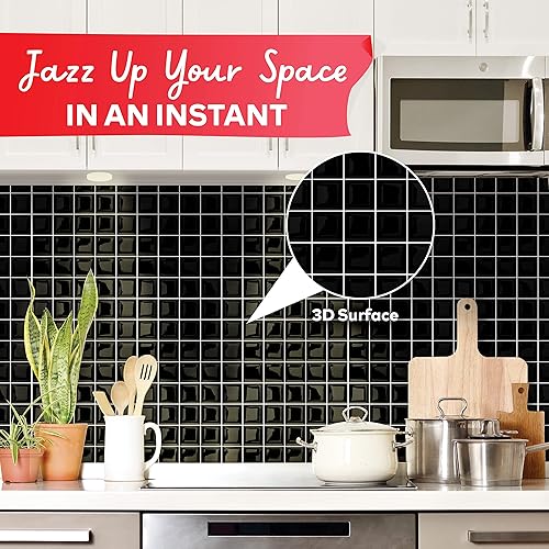 Miniatura 8 de XFasten Azulejos cuadrados para despegar y pegar, 10 azulejos 3D negros de 12 x 12 pies para cocina