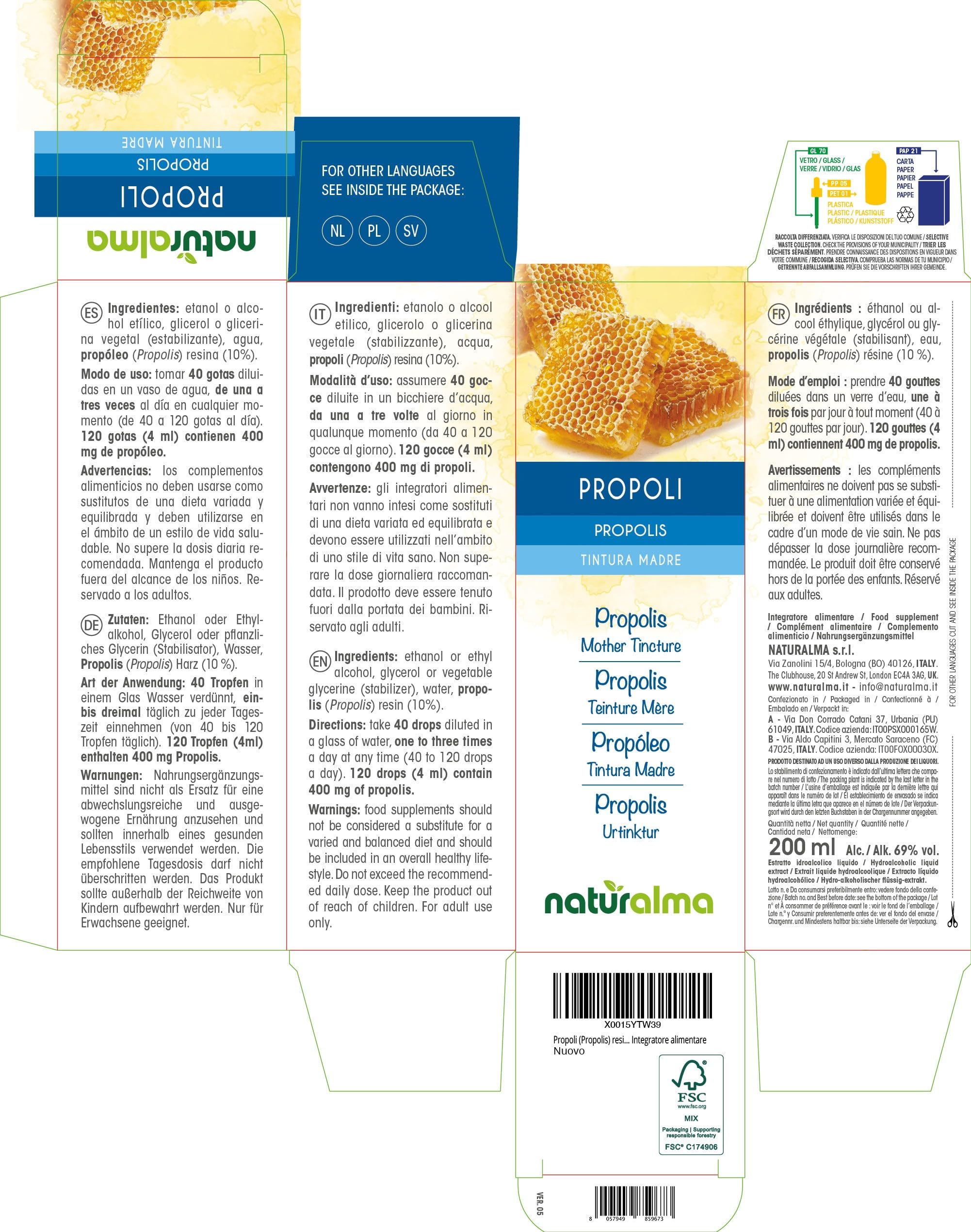 Propolis (Propolis) Harz mit Alkohol Urtinktur Naturalma - Flüssig-Extrakt Tropfen 200 ml - Nahrungsergänzungsmittel