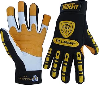 John Tillman and Co Large Black, Pearl and Gold TrueFit Goatskin and Spandex Full Finger Impact Protected Mechanics Gloves with ElasticHook and Loop Cuff, Black/Gold (ARAS-TIL1494L)