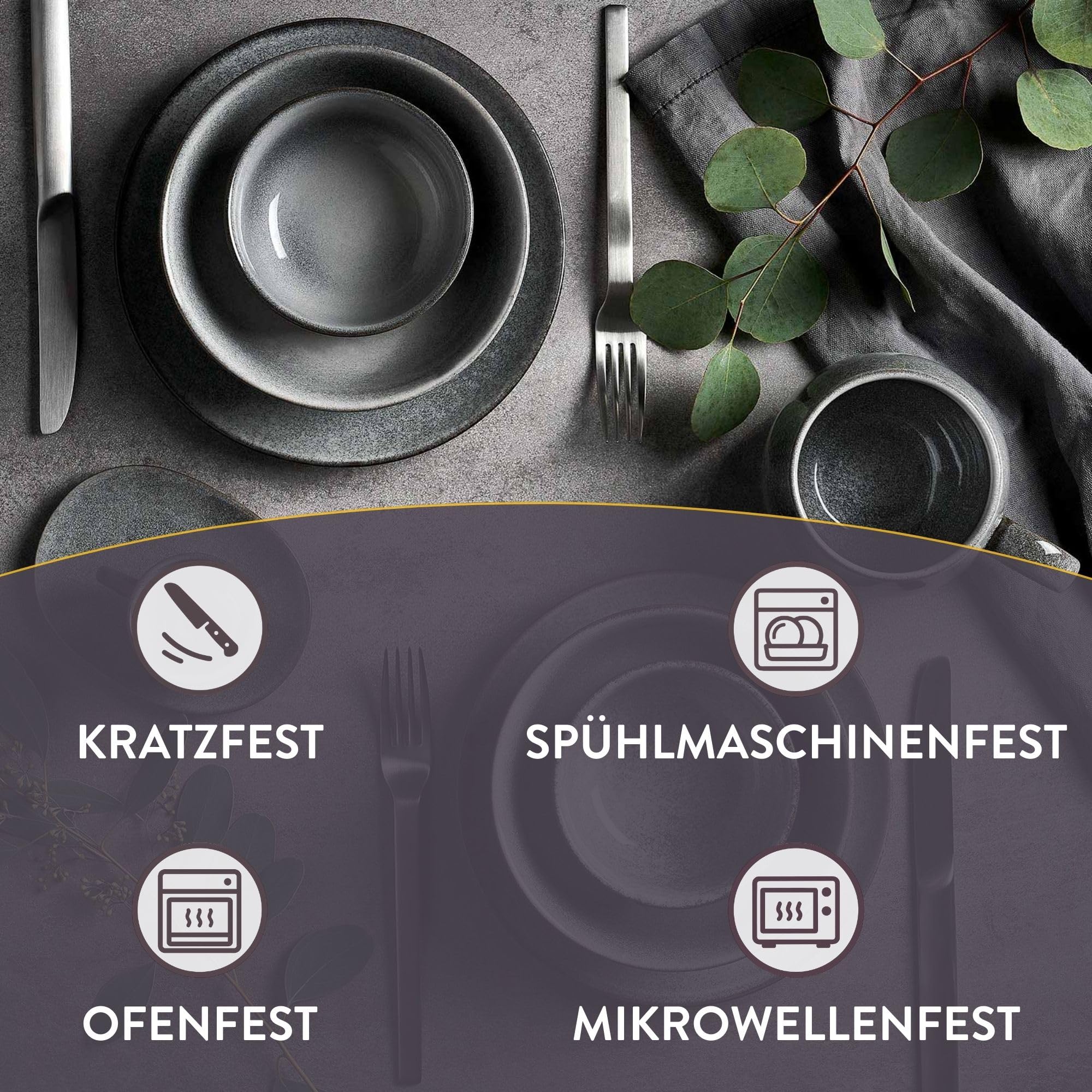 Springlane Misty Cliff 48-częściowy zestaw naczyń stołowych – kamionkowy serwis stołowy dla 8 osób – 8 talerzy obiadowych, 8 talerzy do zupy, 8 x miseczek do musli, 8 x talerz deserowy, 8 x małe
