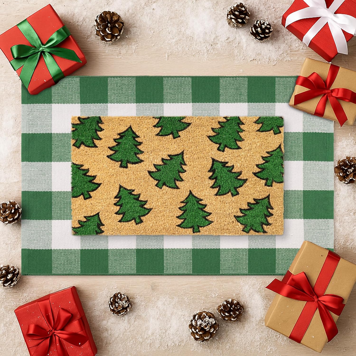 Christmas Door Mat Set 2-Piece, 17"x30" Coir Welcome Mat with Green Tree Pattern and 28"x43" Green White Plaid Rug, Layered Front Porch Combo for Holiday Entryway Outdoor Decor
