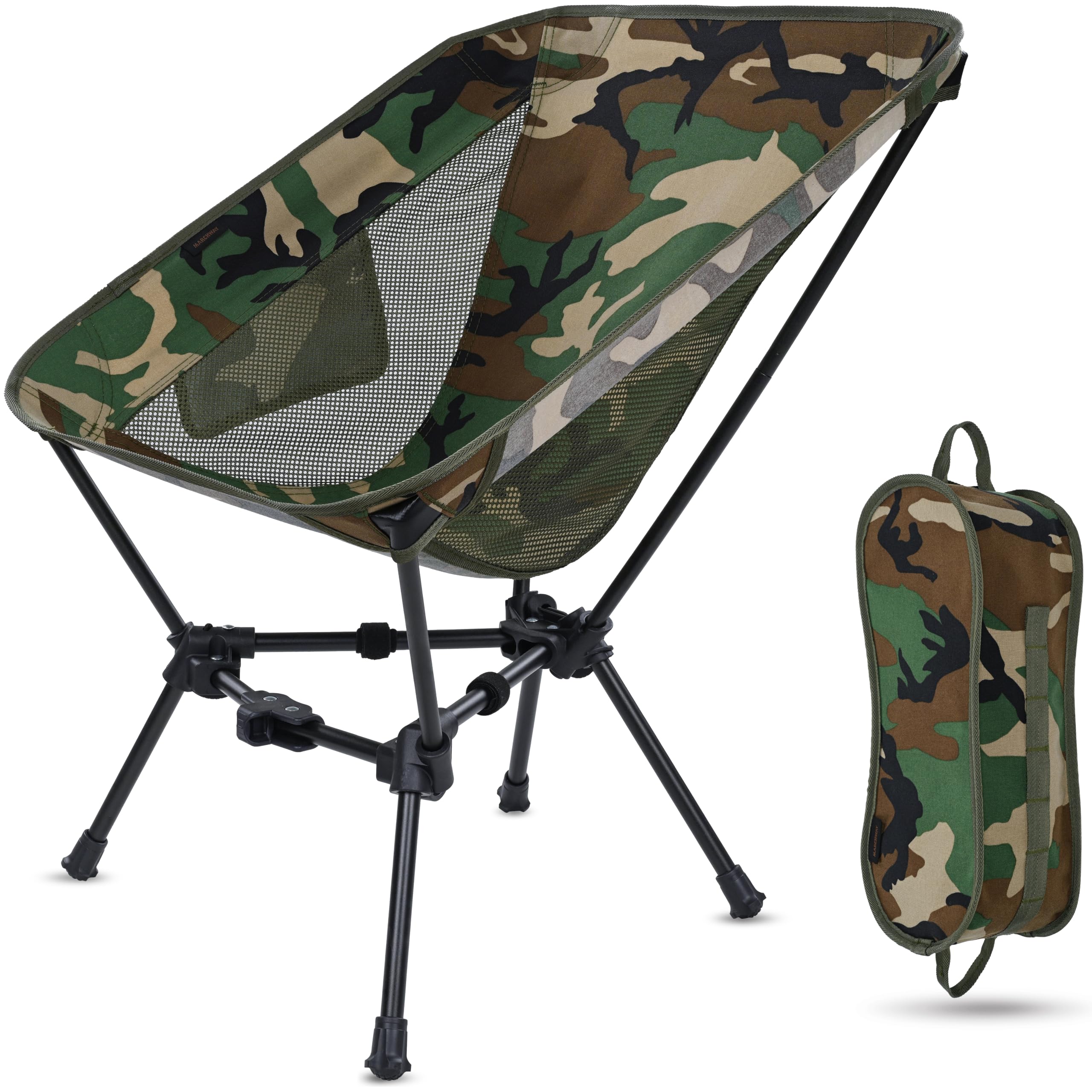 MARCHWAY Silla de camping plegable ligera, estable, portátil, compacta para campamento al aire libre, viajes, playa, picnic, festival, senderismo, mochilero, soporta 330 libras (camuflaje)