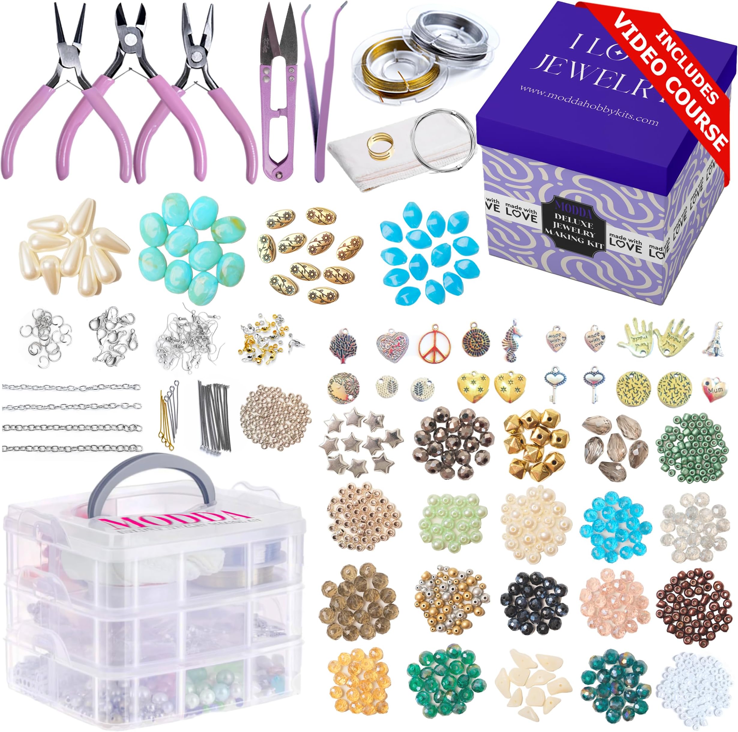 MODDAModda Complete Jewelry Making Kit with Video Course, Includes Instructions, Beads, Necklace, Bracelet, Earrings Making, Crafts for Adults, Beginners, Christmas Gift for Adults, Teens, Moms, Women