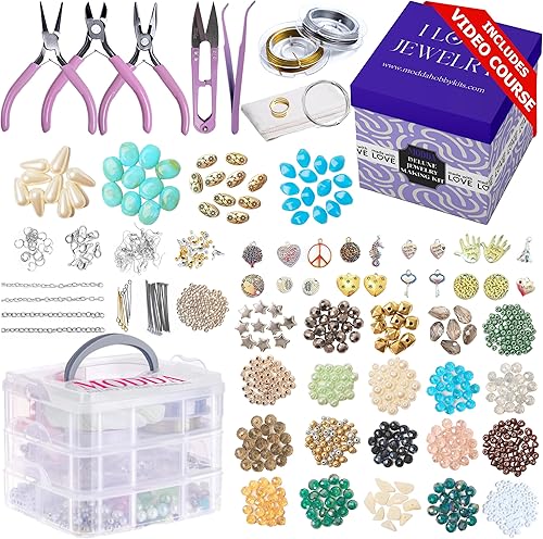 Modda Kit completo de fabricación de joyas con curso de video, incluye instrucciones, cuentas, collar, pulsera, fabricación de aretes, manualidades