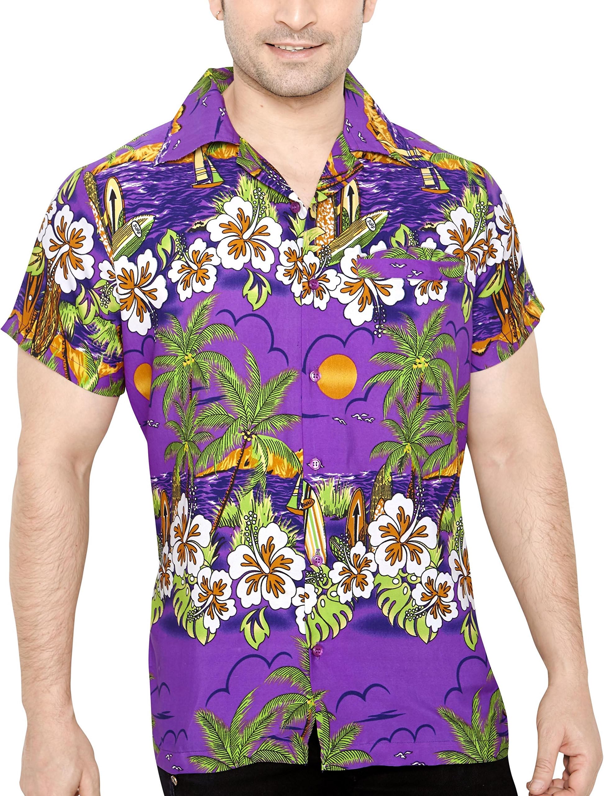 TROPICAL VIBES Men's Regular Fit Classic Short Sleeve Casual Floral Hawaiian Shirt XXL Purple