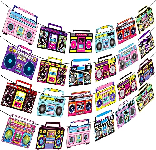 Miniatura 2 de Banderines de radio Boom Box, 4 unidades, decoraciones retro de fiesta de radio, pancartas recortadas de los años 80, suministros de fiesta de