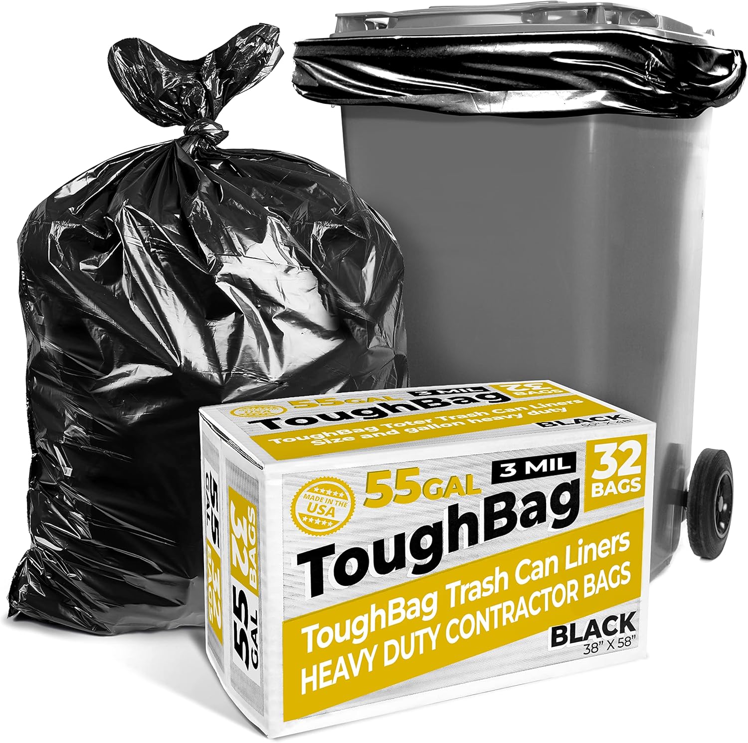 ToughBag 55 Gallon Trash Bags, 3 Mil Contractor Bags, Large