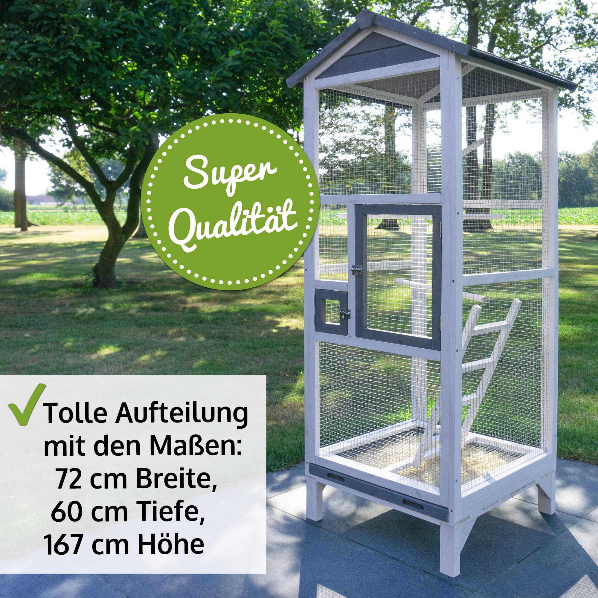 zooprinz Moderne Vogelvoliere, Vogelkäfig mit Kotschublade – aus hochwertigem Vollholz und verzinktem Draht – Witte-rungsbeständig in grau-weiß lasiert – 3 Modelle zur Wahl - Premium Vogelkäfig M