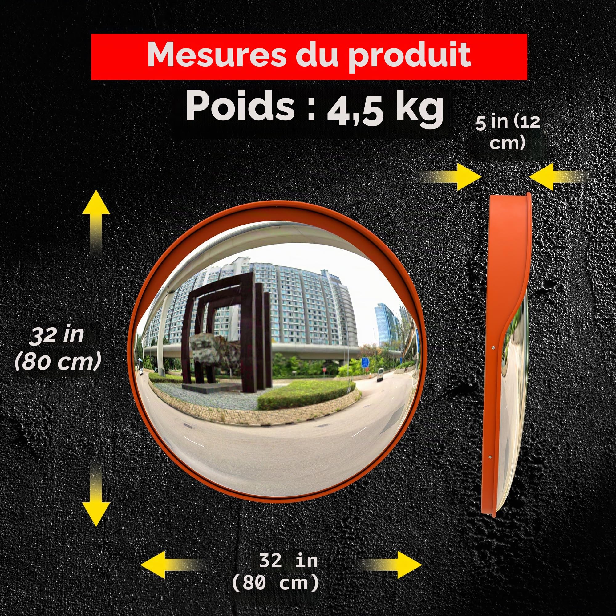 Miroir de sécurité convexe de 80 cm de forme circulaire | Miroir de sécurité convexe rond | Grand angle visible haute définition avec corps en plastique orange
