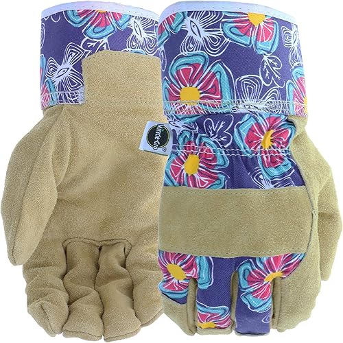 Miracle-Gro MG23011 - Guantes de trabajo de paisajismo (1 par, pequeñomediano), estampado floral, guantes de cuero de vaca divididos