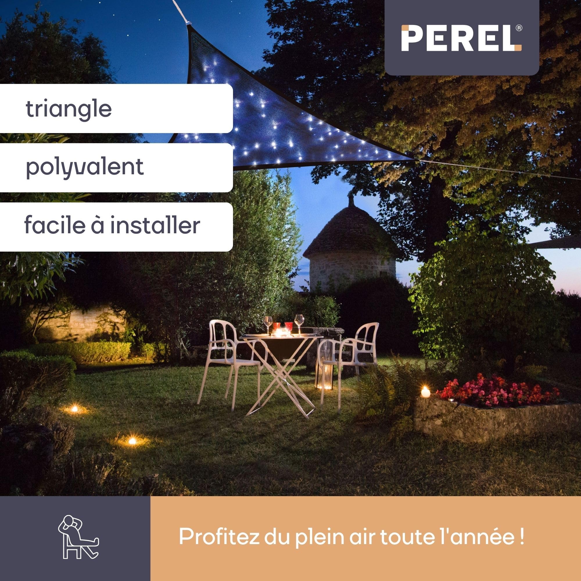 Perel Voile d ombrage Triangulaire avec 100 LEDs Ciel Etoile, HDPE Respirant et Permeable, Protection UV 90%, 3.6 x 3.6 x 3.6 m eclairage LED Solaire, Shade sail pour Jardin et terrasse