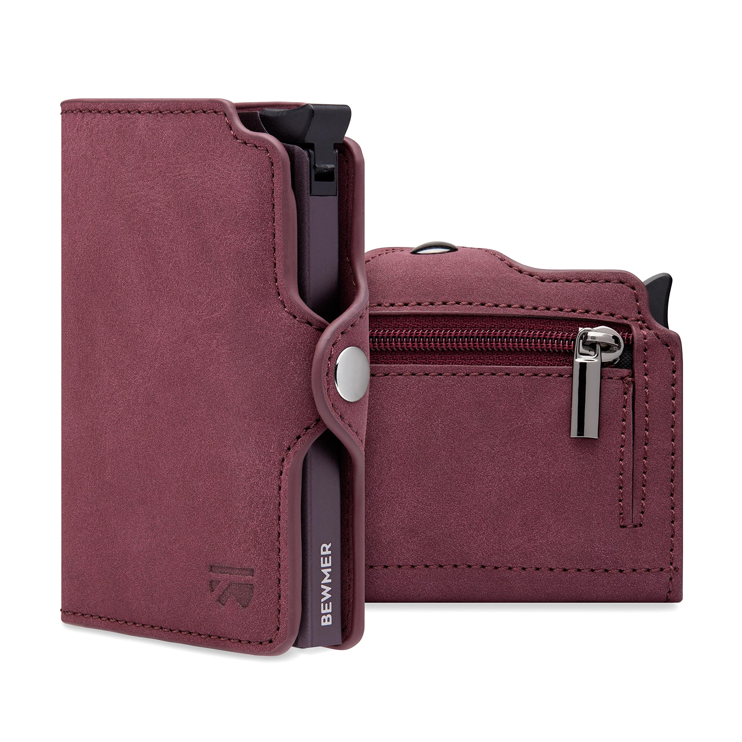 BEWMER Porta Carte di Credito 1 Schermato | Portafoglio Slim da Uomo e Donna | Porta Tessere e Documenti con Rfid Protection e Fermasoldi in Carbon Fiber (Con Zip, Rosso Bordeaux)