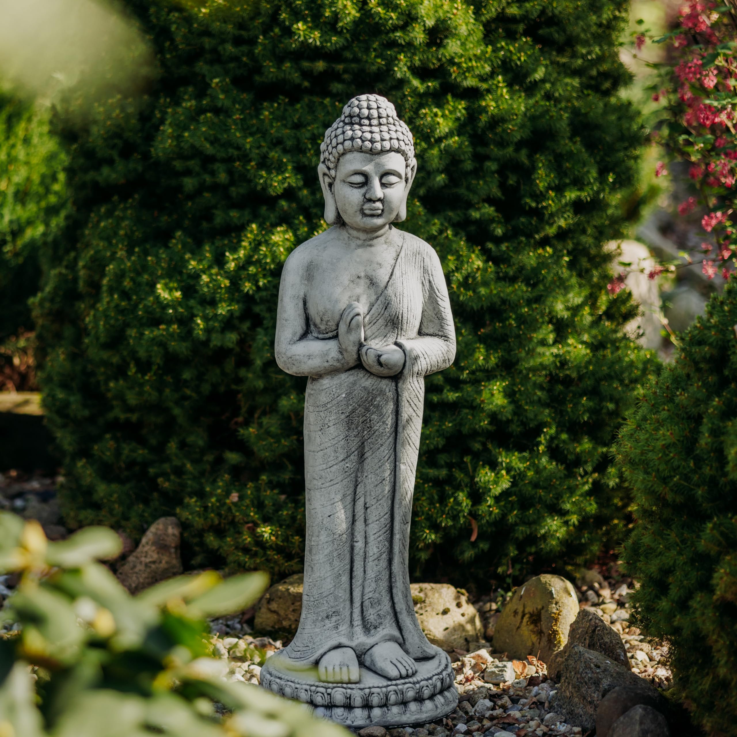 Statua Buddha Monaco Con Ciotola In Pietra Colata: 50 Cm, 6 Kg, Resistente Al Gelo, Per Giardino E Terrazza