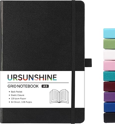 Graph Grid - Cuaderno de papel clásico con divisor de cinta, tapa dura con papel grueso, 5.3 x 8.26 pulgadas, con bandas, soporte para bolígrafo +