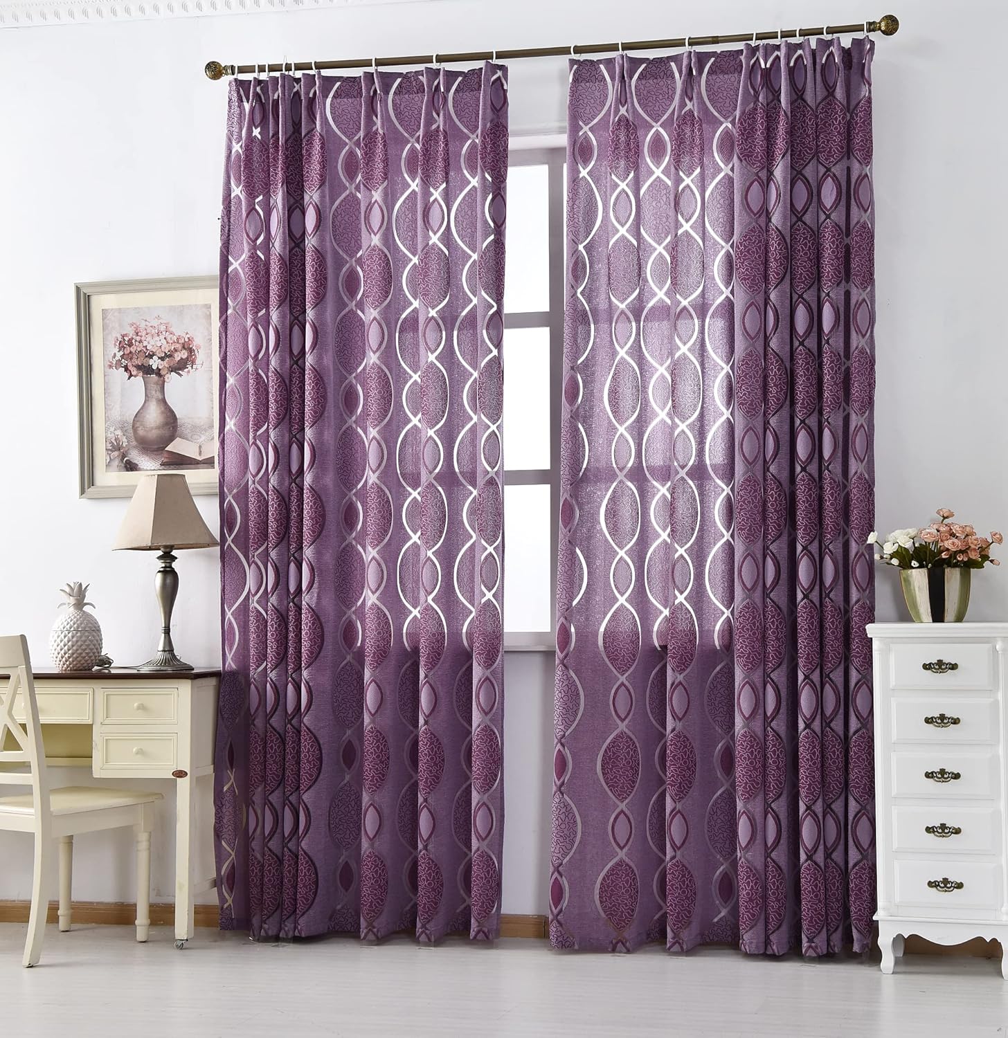 NAPEARL Semi Blackout Curtains for Bedroom, Jacquard Fabric Curtains with Intersect Geometry Pattern, Purple Curtain Drapes for Living Room, Set of 2 Panels, Each 52 x 96 Inch