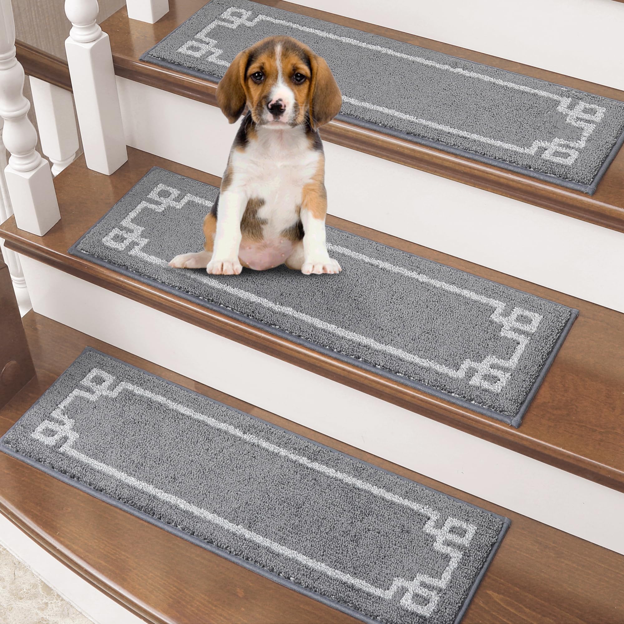 BEQHAUSE Stair-Treads-for-Wooden-Steps-Indoor Non Slip Carpet Stair Treads Washable Reusable Stair Runner Polyester Soft Stair Treads for Dogs,Elders and Kids,28inX9in,15pcs,Grey (color is tan)