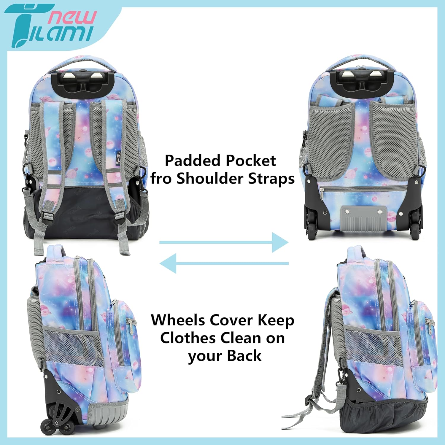 NEW TILAMI 18 inch Kids Rolling Backpack for School with Big Storage, Waterproof, Adjustable Handle - Perfect for Girls & Boys, Blue Star