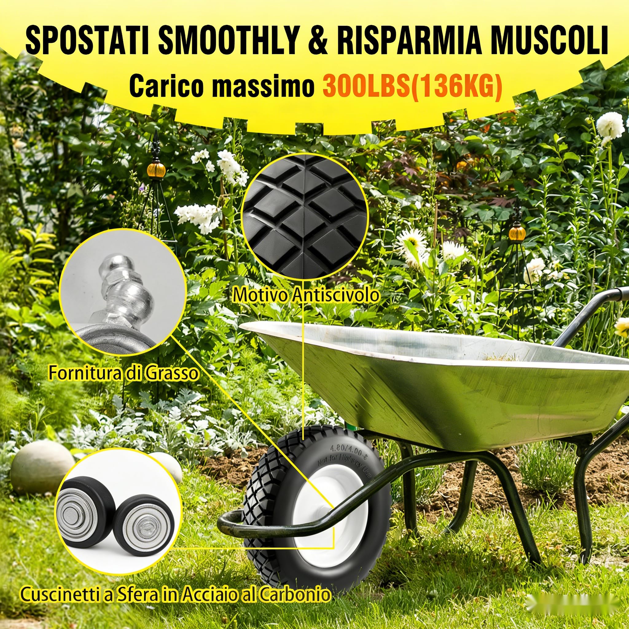 Pneumatico e Ruota Anti-pinchio 4.80/4.00-8" 2 PZ, Ruota Solida da Carrello 38,99 cm con Cuscinetti 15,88 mm & 19,05 mm, Mozzo Centrato 7,62-17,78 cm,per Carrello a Mano/Remorchio da Giardino/Carretto