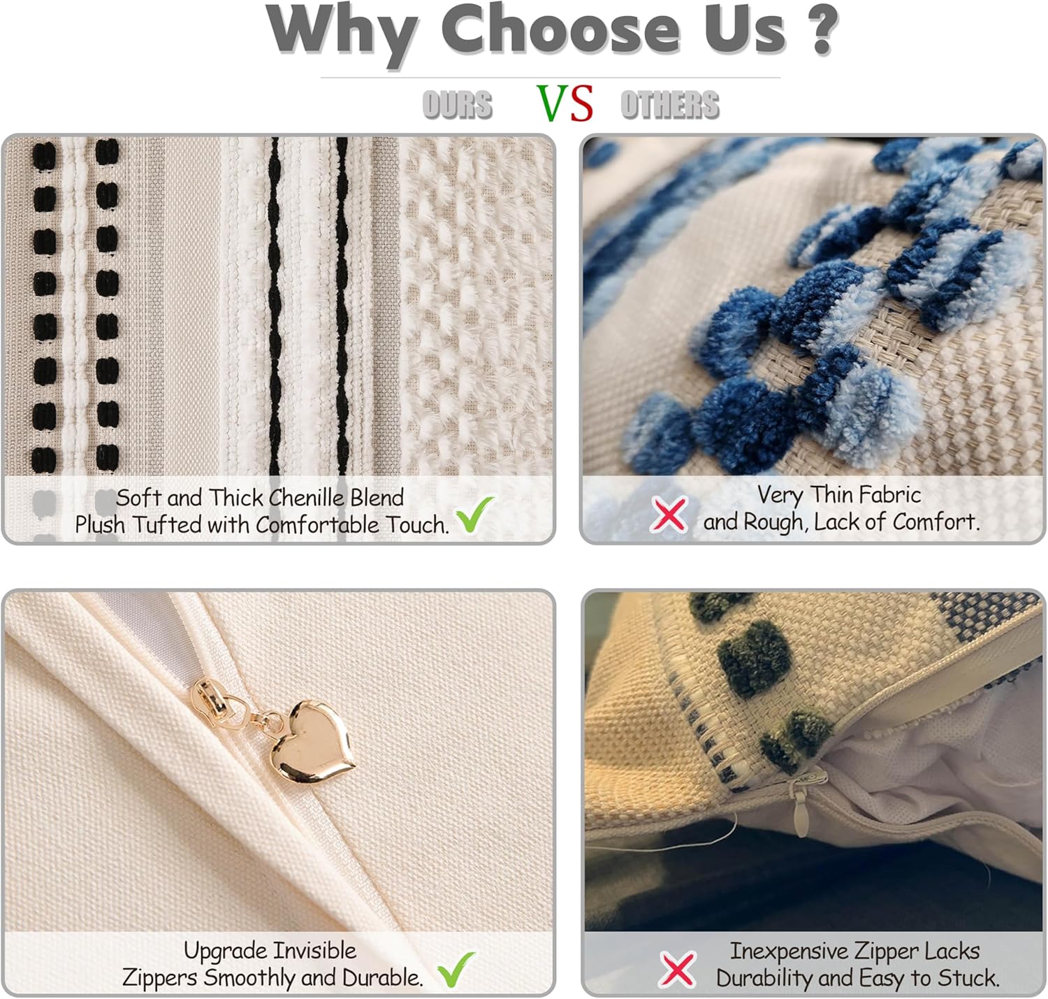 Boho Chenille Tufted Couch Throw Pillow Covers 18x18 Inch Set of 2 Farmhouse Striped Decorative Pillow Covers Accent Neutral Pillowcase Black Cushion Cover for Living Room Sofa Bed - Image 7