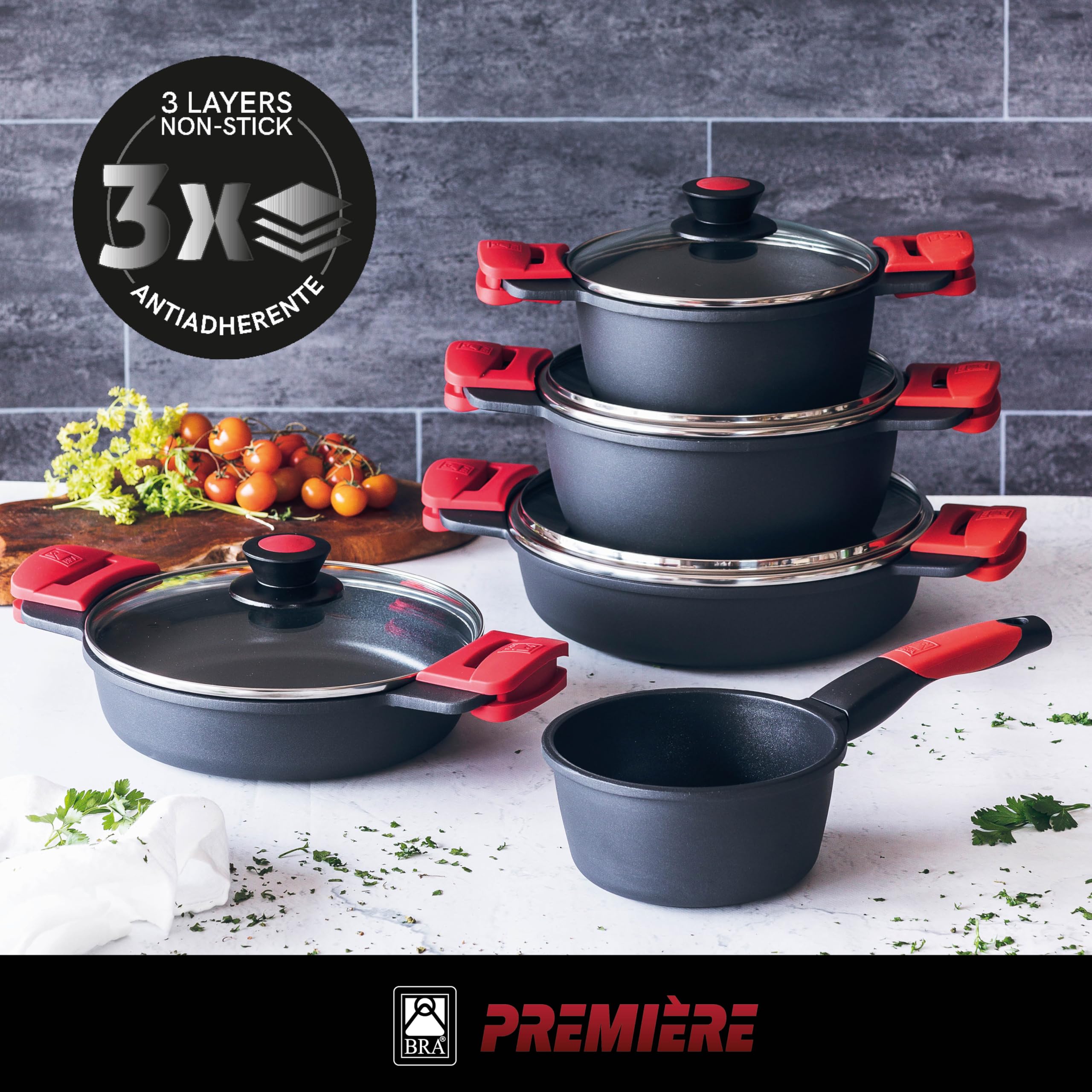 BRA Premiere | Batterie de Cuisine de 9 Pièces | Comprend des Poignées Détachables, Sans PFOA, Adaptée à Tous Types de Cuisinières et Four, Antiadhésif