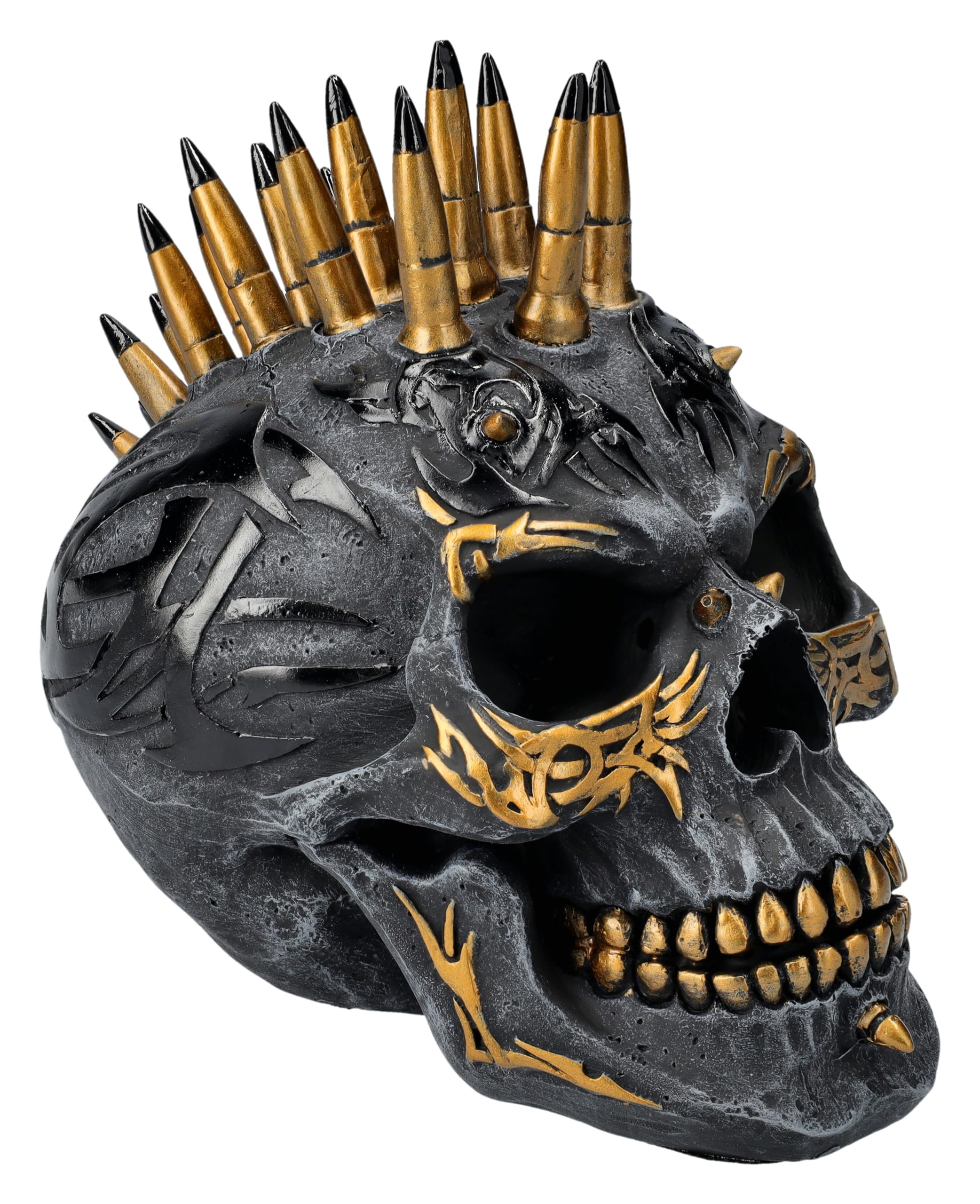 Figurita de calavera Iro, negro y oro de espiral, 16,5 cm – cráneo, calavera, tribales, iroquesis, peinado, bolas