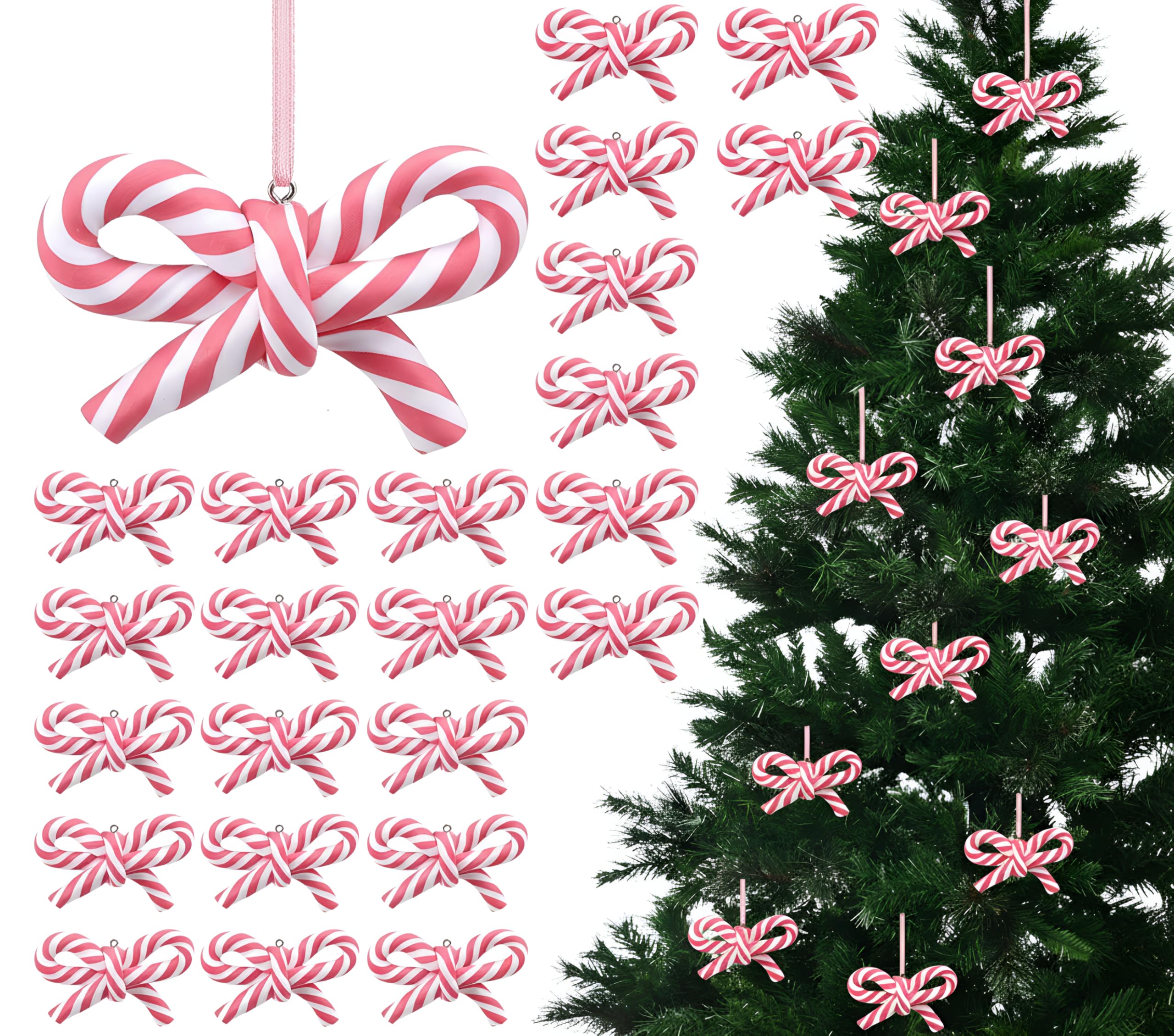 Hungdao 24 Pcs Bow Candy Cane Christmas Ornaments Pink and White Christmas Tree Decoration Stripe Candy Cane Hanging Ornament Polymer Clay Peppermint Pendant for for Xmas Tree Home Party Holiday Decor
