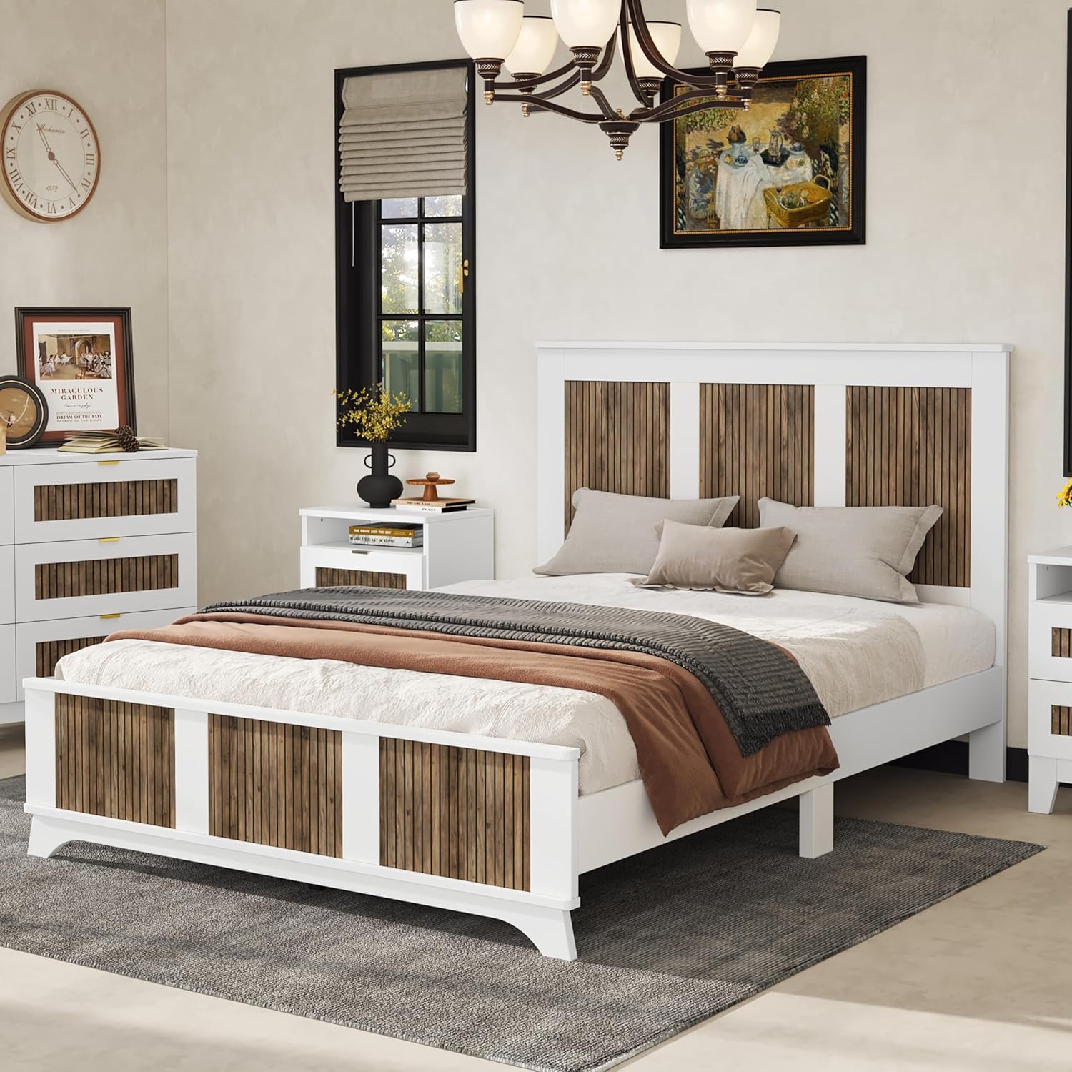 Mirightone Farmhouse Queen Size Bed Frame with Tall Full