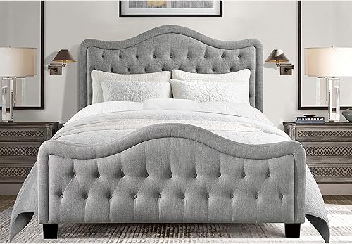 Miniatura 15 de Rosevera Turin Linen - Cama tapizada con paneles y cabecero capitonado con botones ajustables para dormitorio, tamaño Queen, color gris