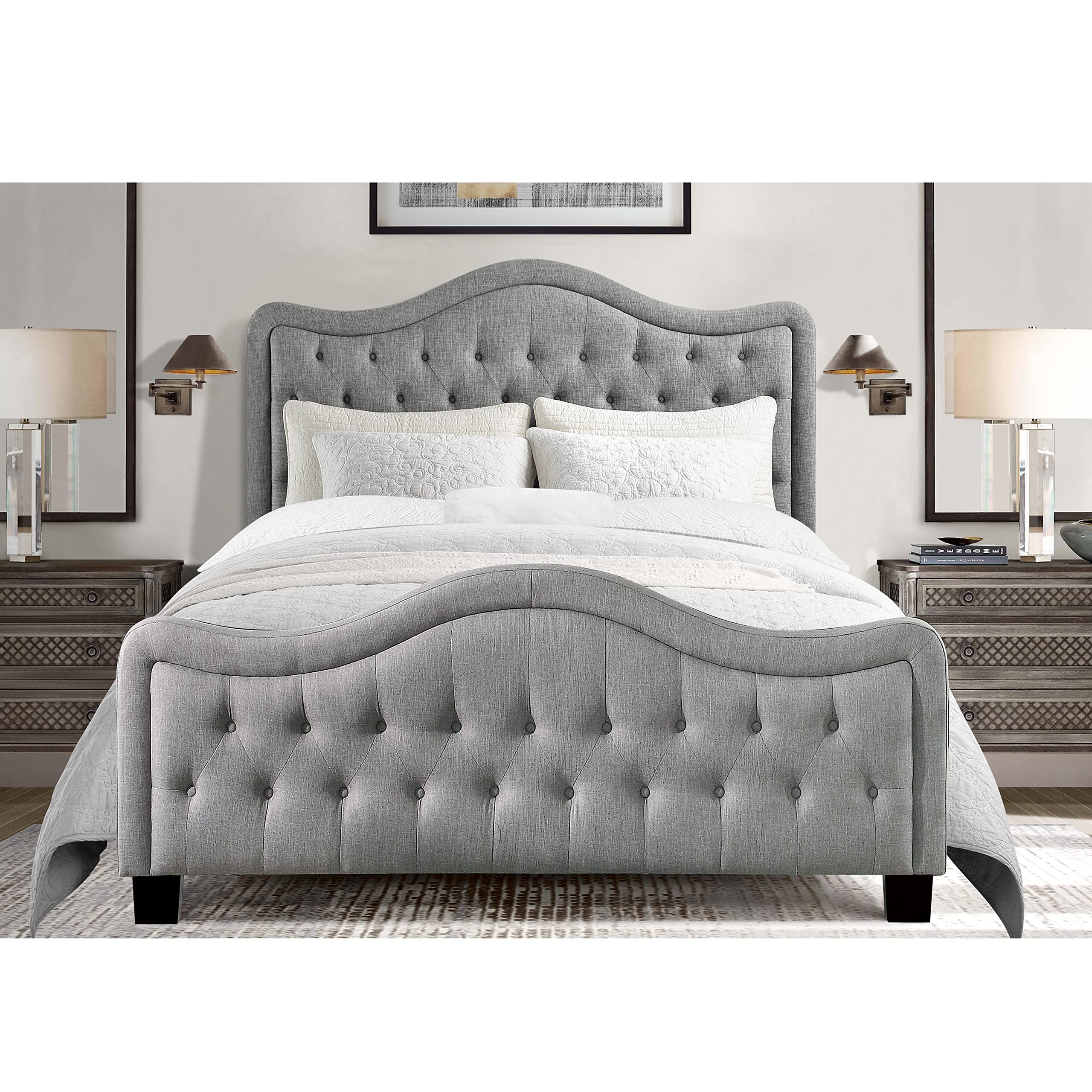 Rosevera Turin Linen Upholstered Panel Bed with Ajustable Button-Tufted Headboard for Bedroom, Queen, Linen Grey