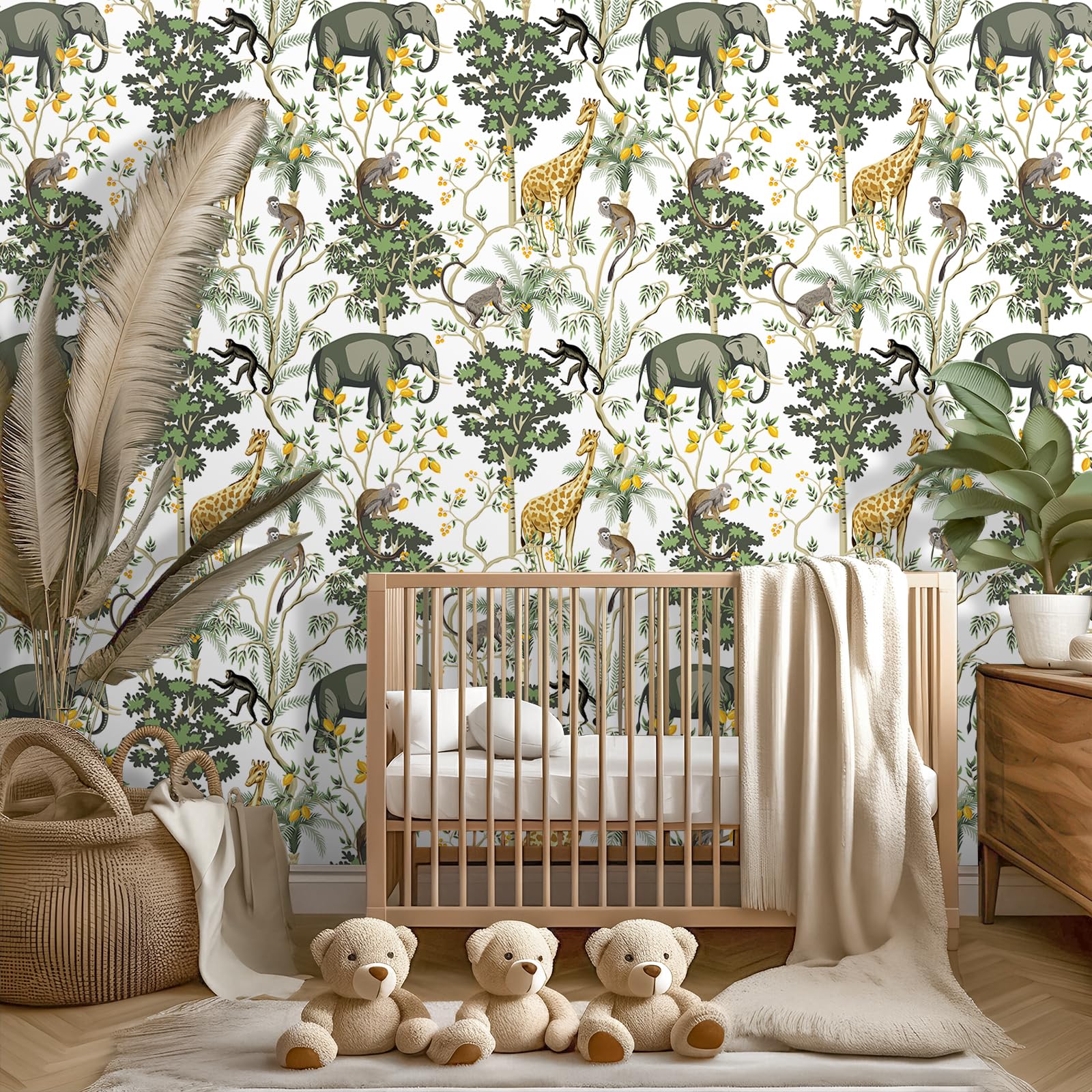 VEELIKE Exotic Safari Wallpaper for Nursery Kids Room White Tropical Wallpaper for Bedroom Living Room Elephant Giraffe Monkey Wall Mural Peel and Stick Animals Jungle Wall Paper 44.5 cm x 300 cm - Image 2