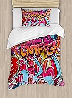 Vista 150 de Ambesonne Juego de funda de edredón color menta, líneas onduladas horizontales a rayas blancas abstractas de tonos suaves, exhibición de arte