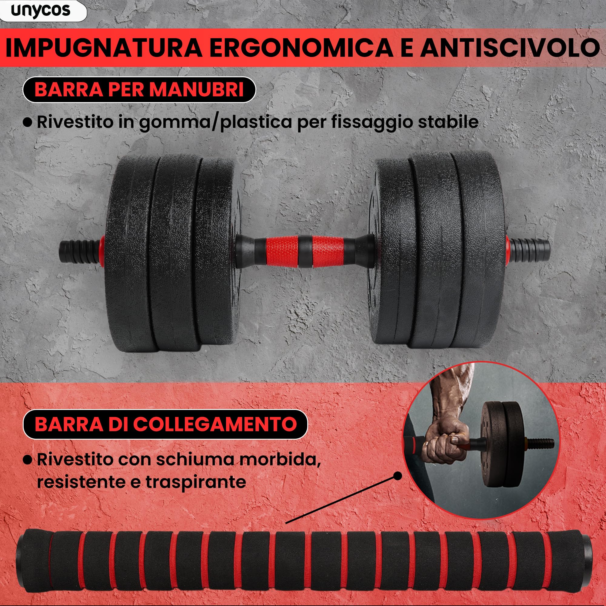 unycos - Manubri Regolabili con Dischi 20 kg【E-Book con 50 Esercizi】Coppia di Pesi con Barra di Collegamento Antiscivolo per Allenamento, Palestra in Casa, Fitness (Red Transformer)