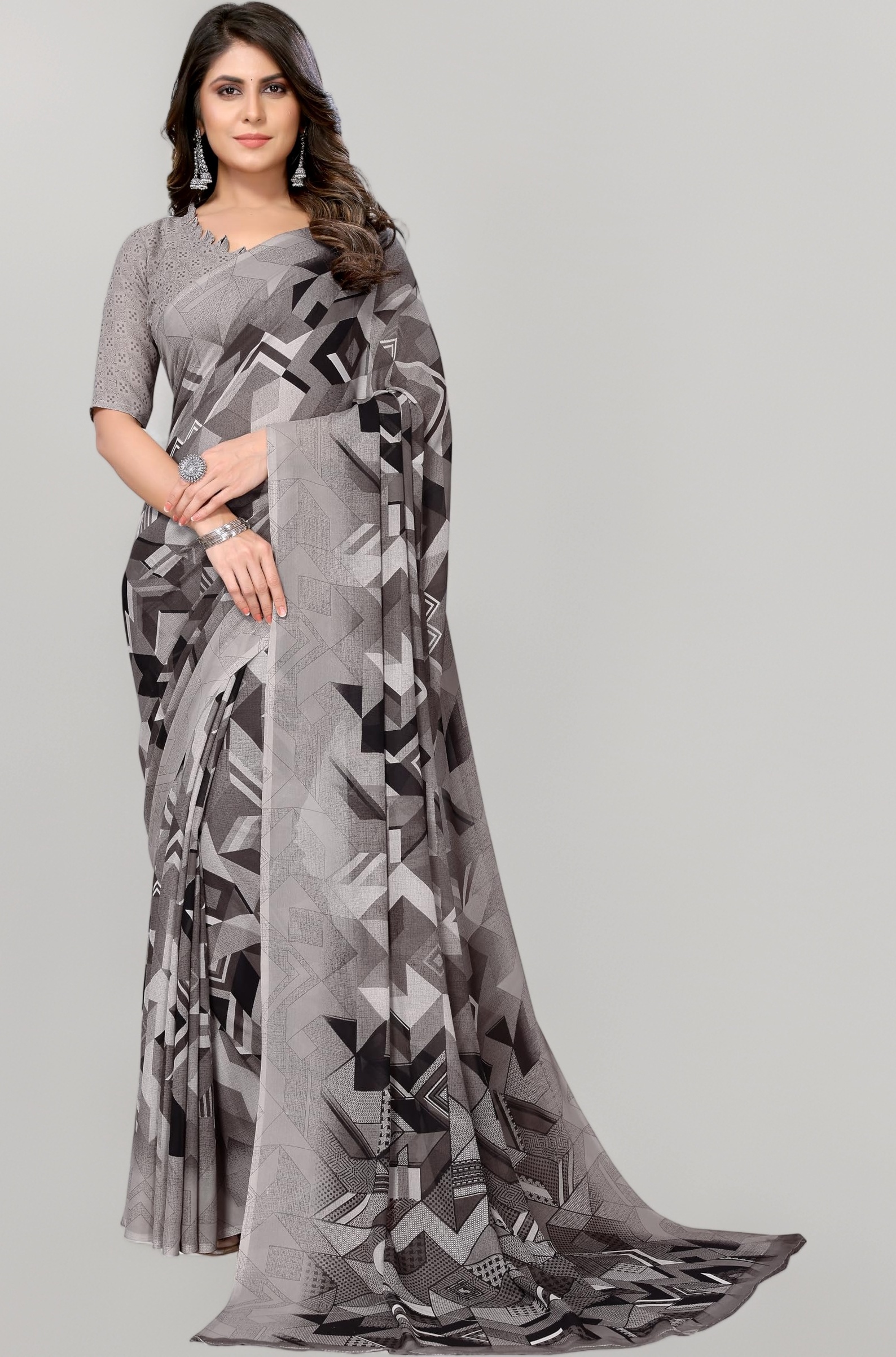 Yashika Women's Trendy Printed Georgette Red Color Saree with Blouse Material