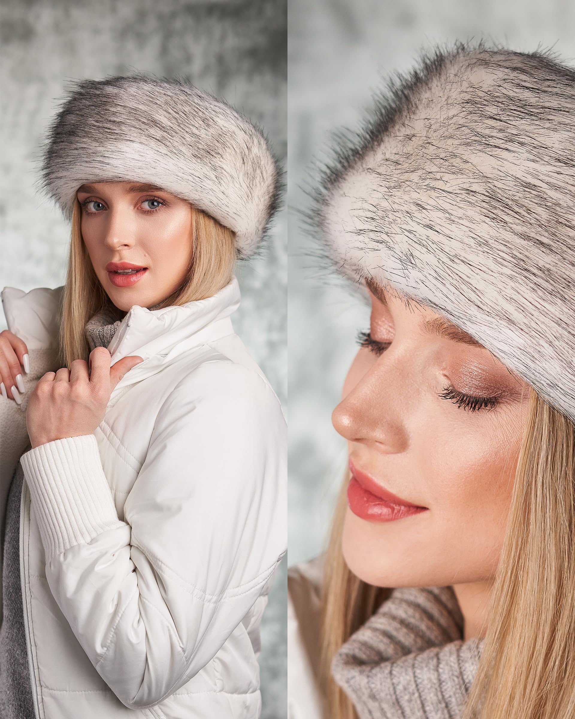 Futrzane Classic Headband - Faux Fur Headbands for Women - Furry Band for Winter - Size L (White with Black Classic) - Image 3