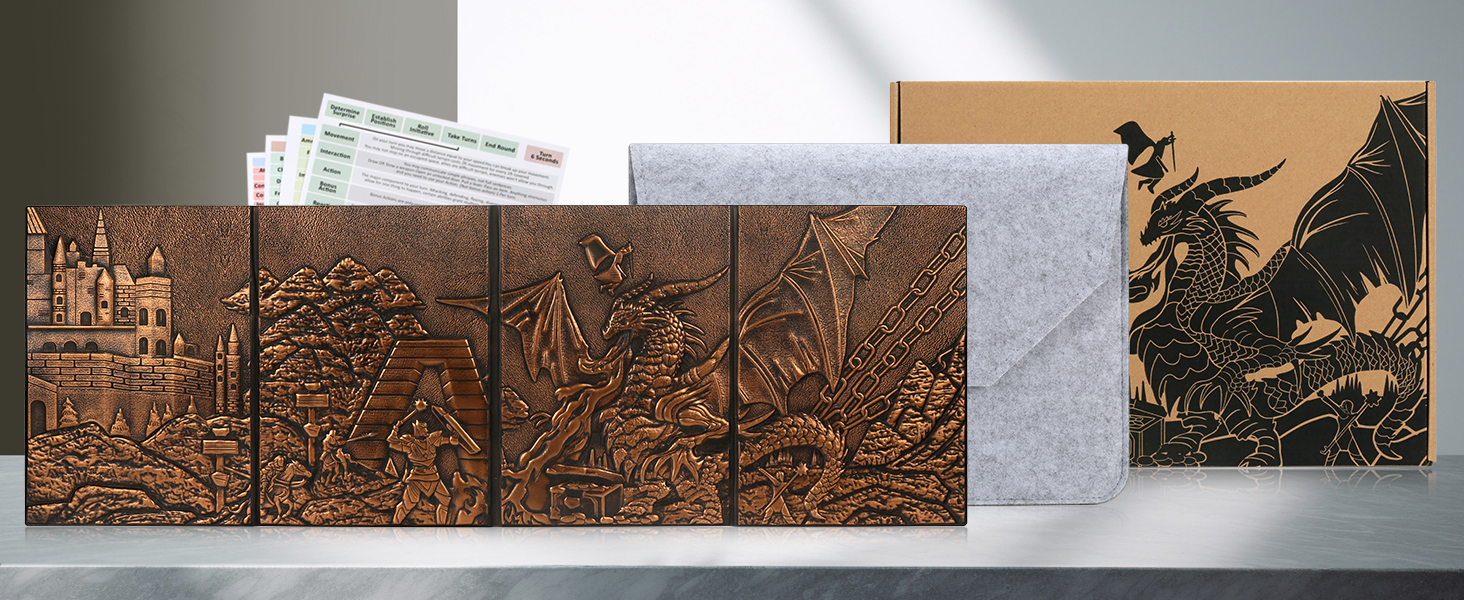 DNDND DM Screen 3D Dragons embossés en similicuir avec 4 poches à 4