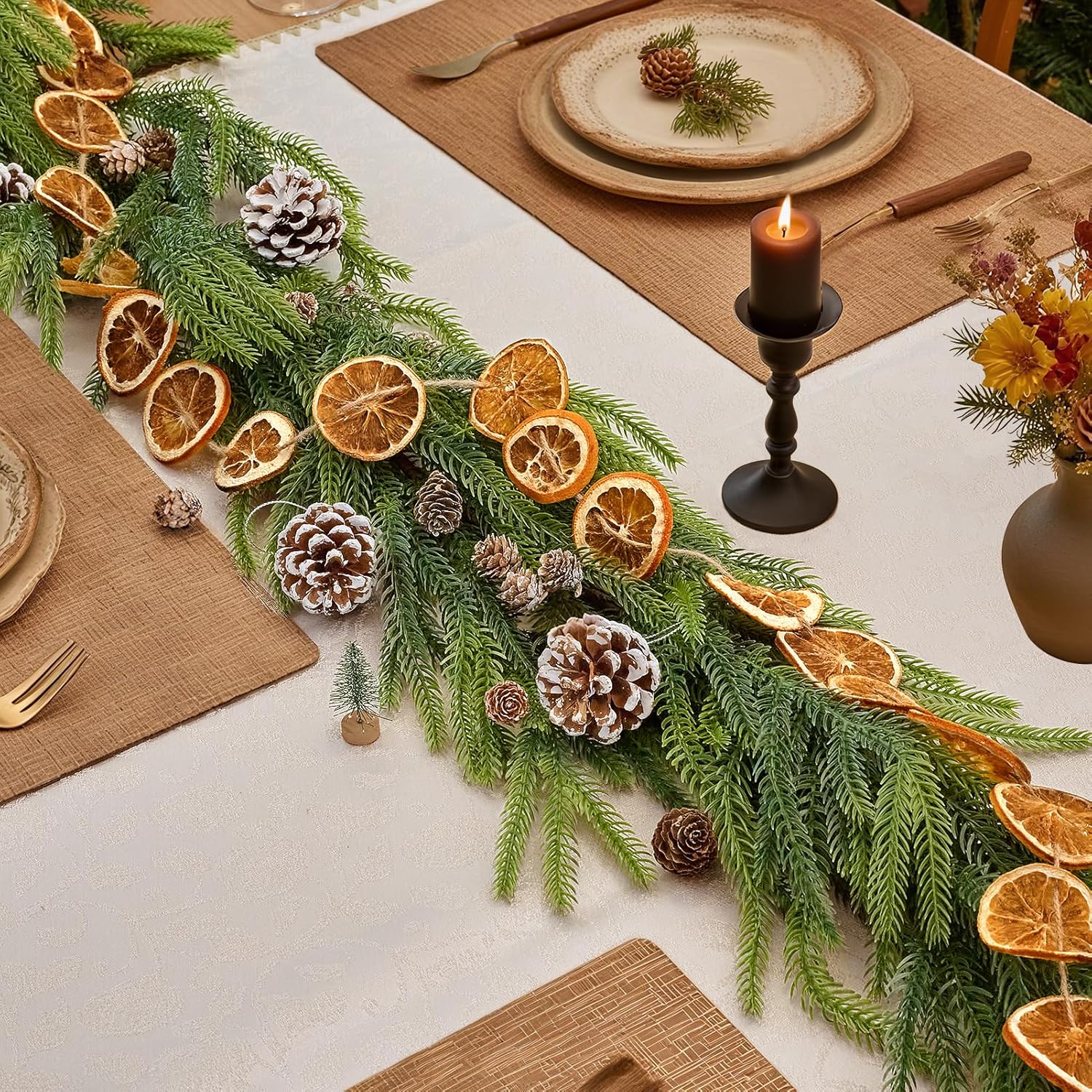 6FT Norfolk Pine Garland with 6FT Orange Slice Garland Set,Realistic Artificial Greenery Seasonal Garlands,Christmas Faux Gradient Garlands for Mantle Holiday Indoor Outdoor Fireplace Xmas Decor