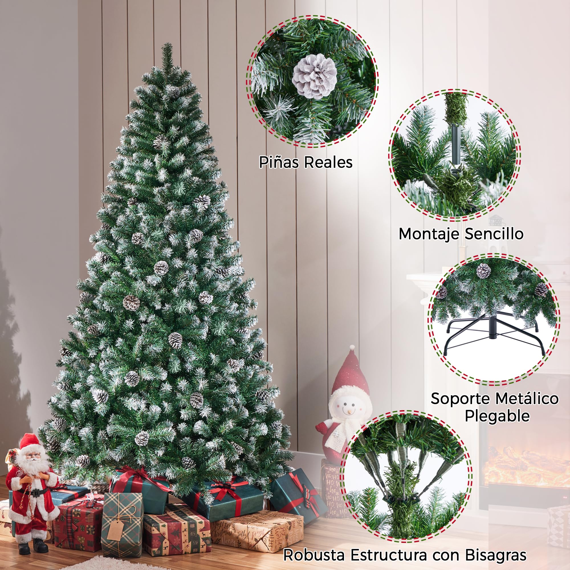 Yaheetech 183cm Árbol de Navidad Nevado Artificial 920 Puntas con 64 Frutas de pinos Soporte Metálico Plegable para Decoración Casa Oficina Fiestas Festivas