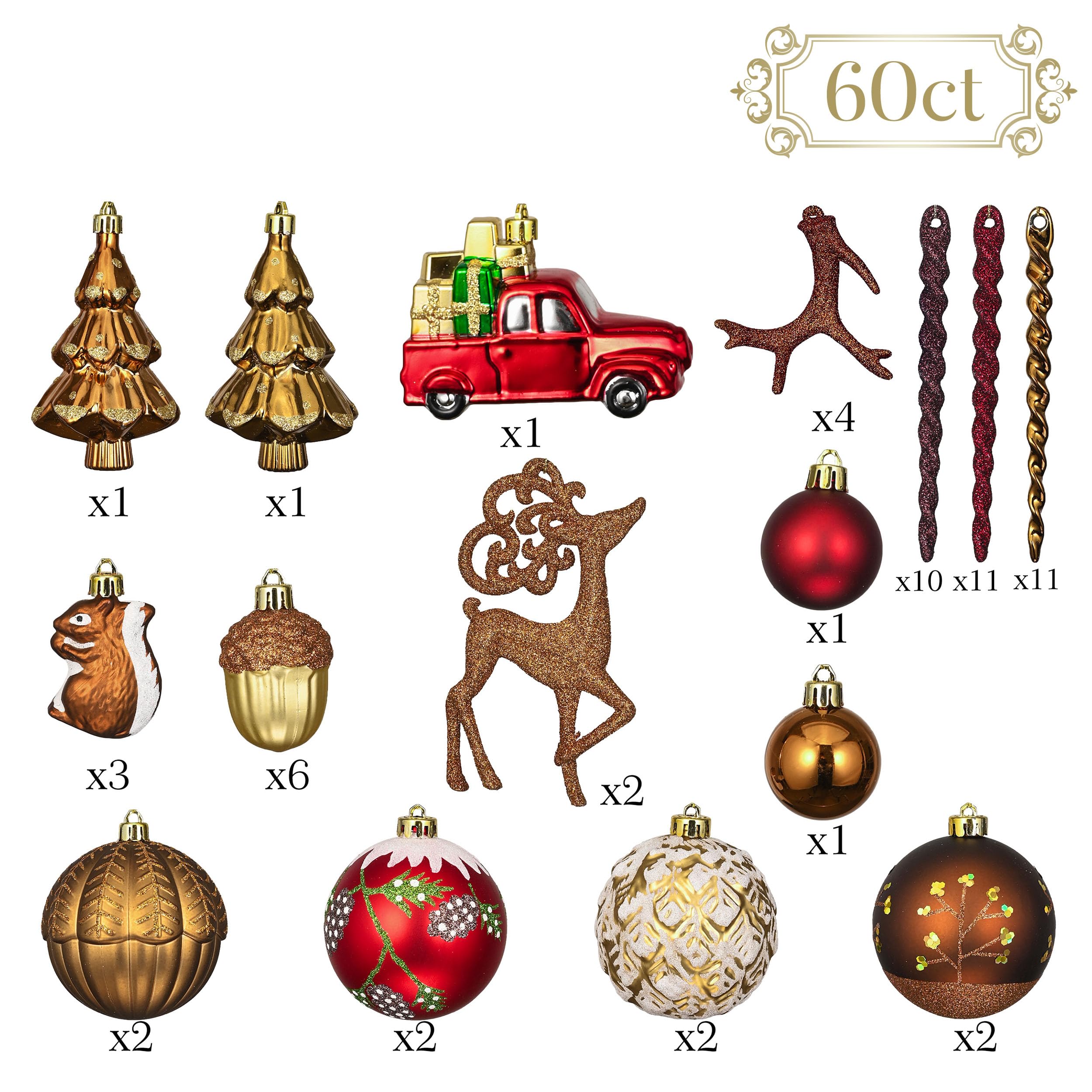 Valery Madelyn Lot de 60 Boules de Noël incassables Rouge/Marron