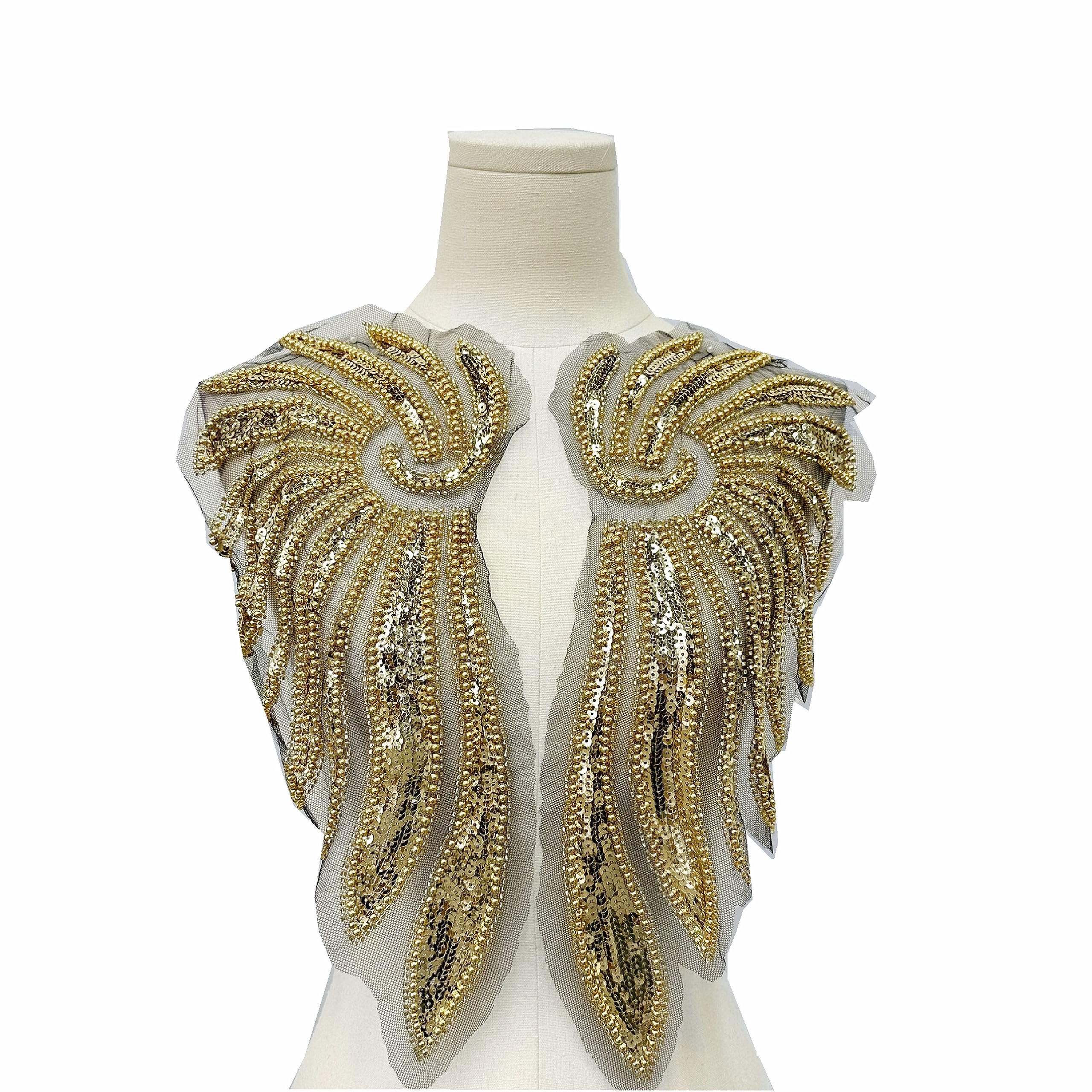 Sequins Handmade String Small Beads Diamond Wings Embroidery Applique Sew on Feather Patches Decals for DIY Headdress Evening Wedding Dresss Lace 2 Pcs/1 Pair (Style 4)